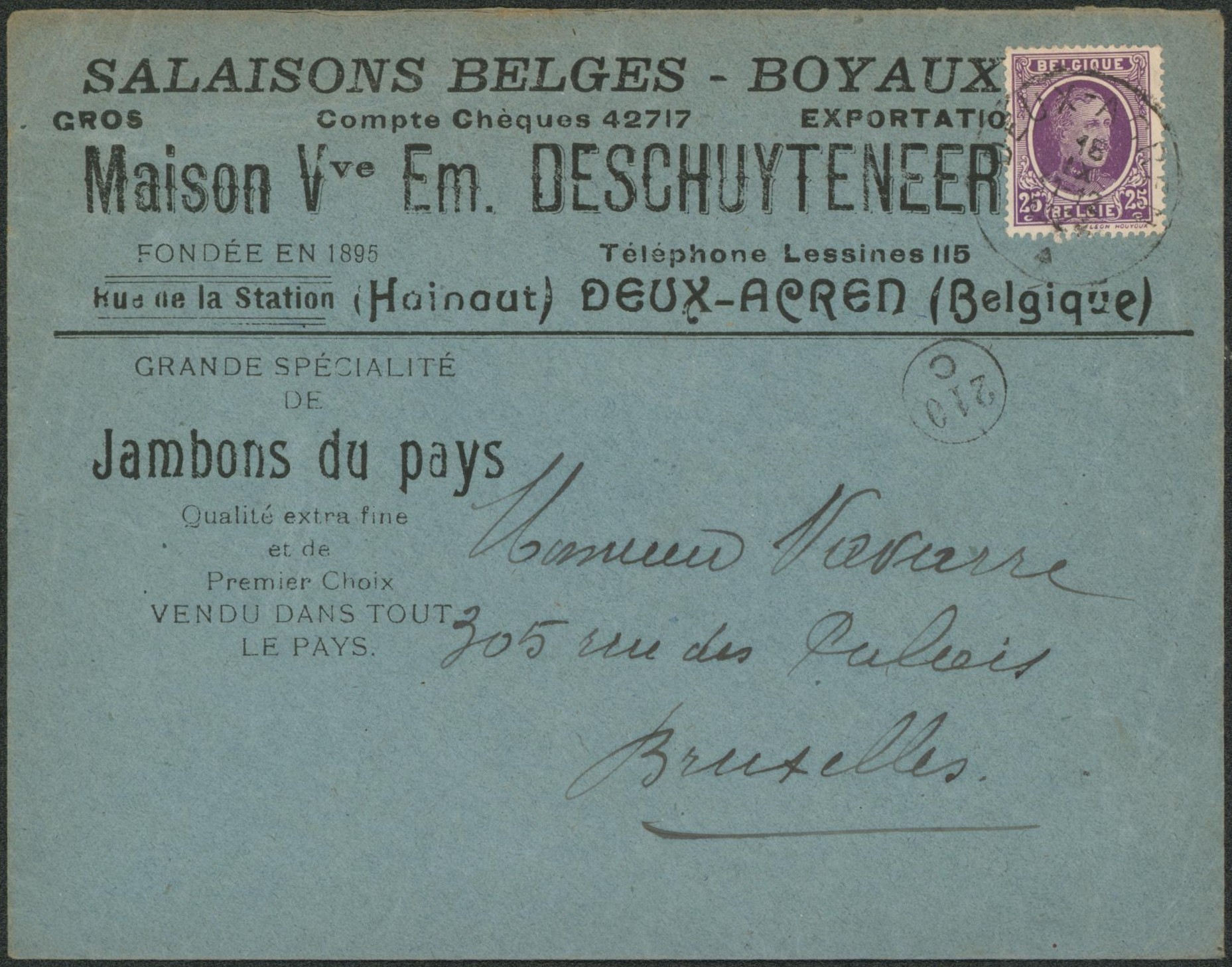 Houyoux - n°198 sur lettre à en-tête (Salaisons belges, jambons du pays) expédié de Deux-Acren > Bruxelles. 