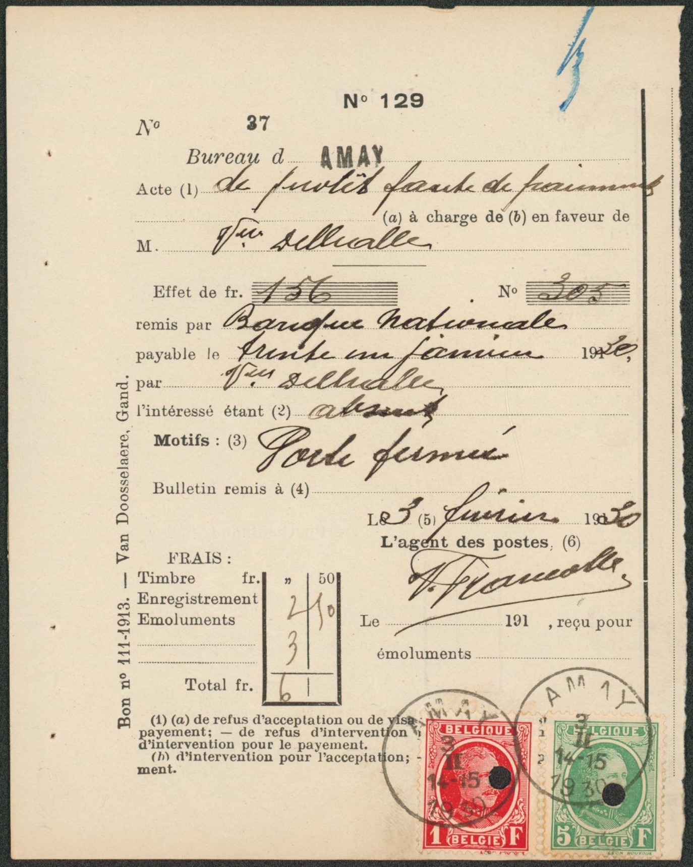 Houyoux - n°209 et 256 sur protet du Bureau de Amay + obl simple cercle et annulation par perforation.  Motif "porte fermée""