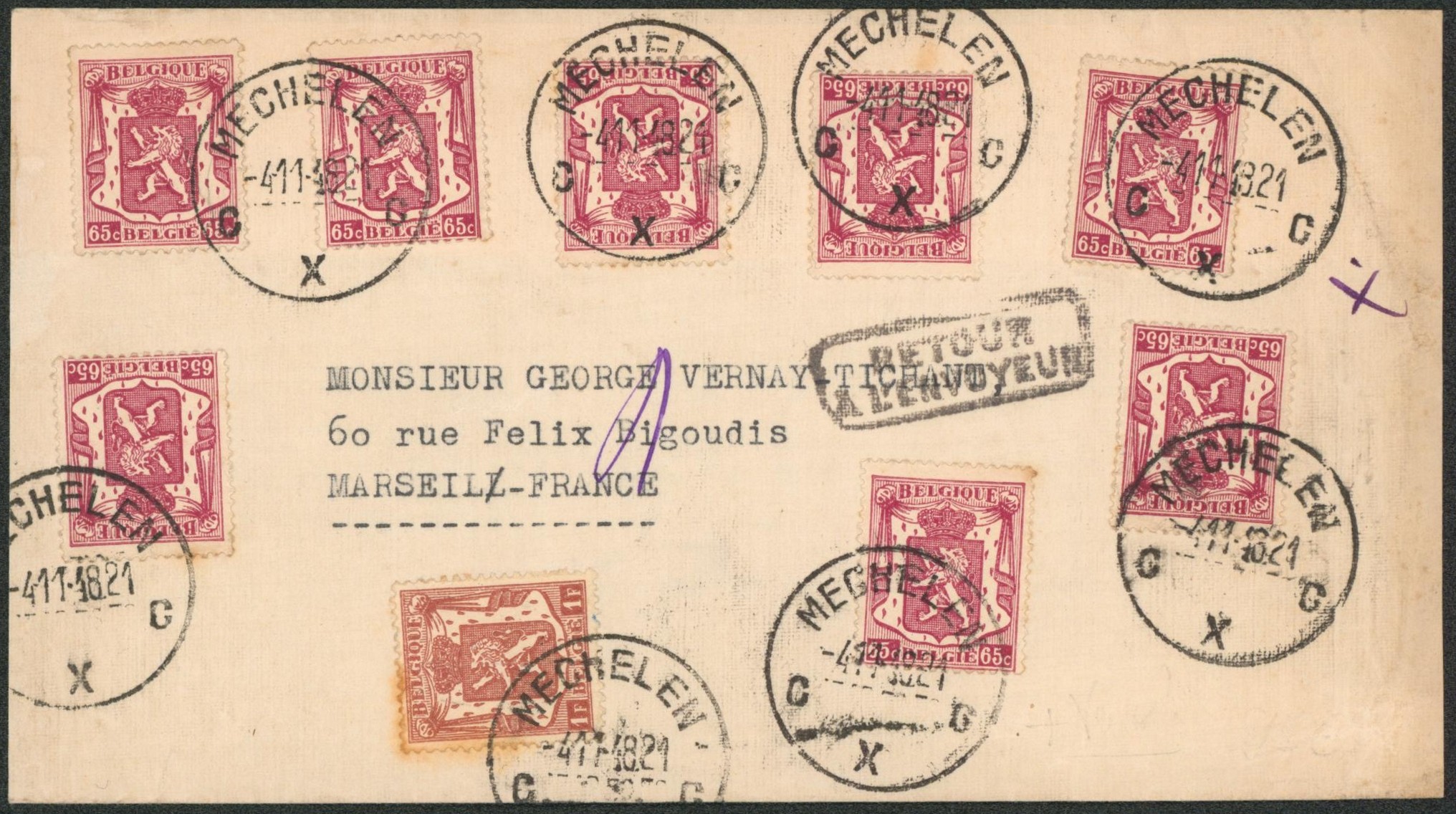 Petit sceau de l'état - n°711 x8 + 715 sur manchon pour imprimé expédié de Mechelen > Marseille (France) / retour. 