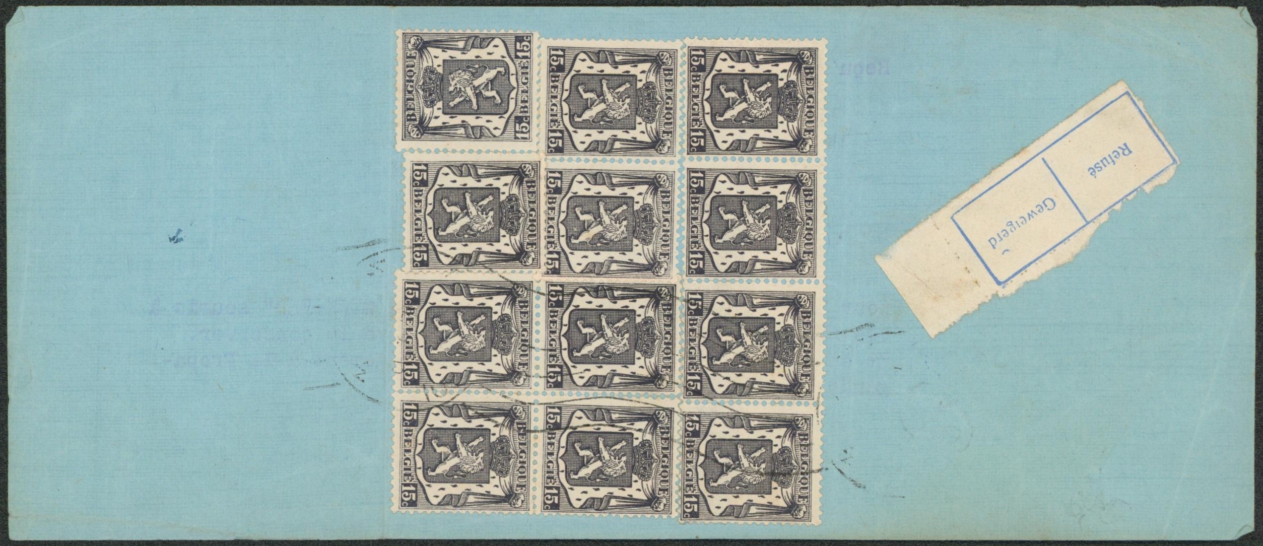 Petit sceau de l'état - n°421 x12 au verso d'un reçu manuscrit "pour le livre illustré Charleroi et son week-end" / Refusé"