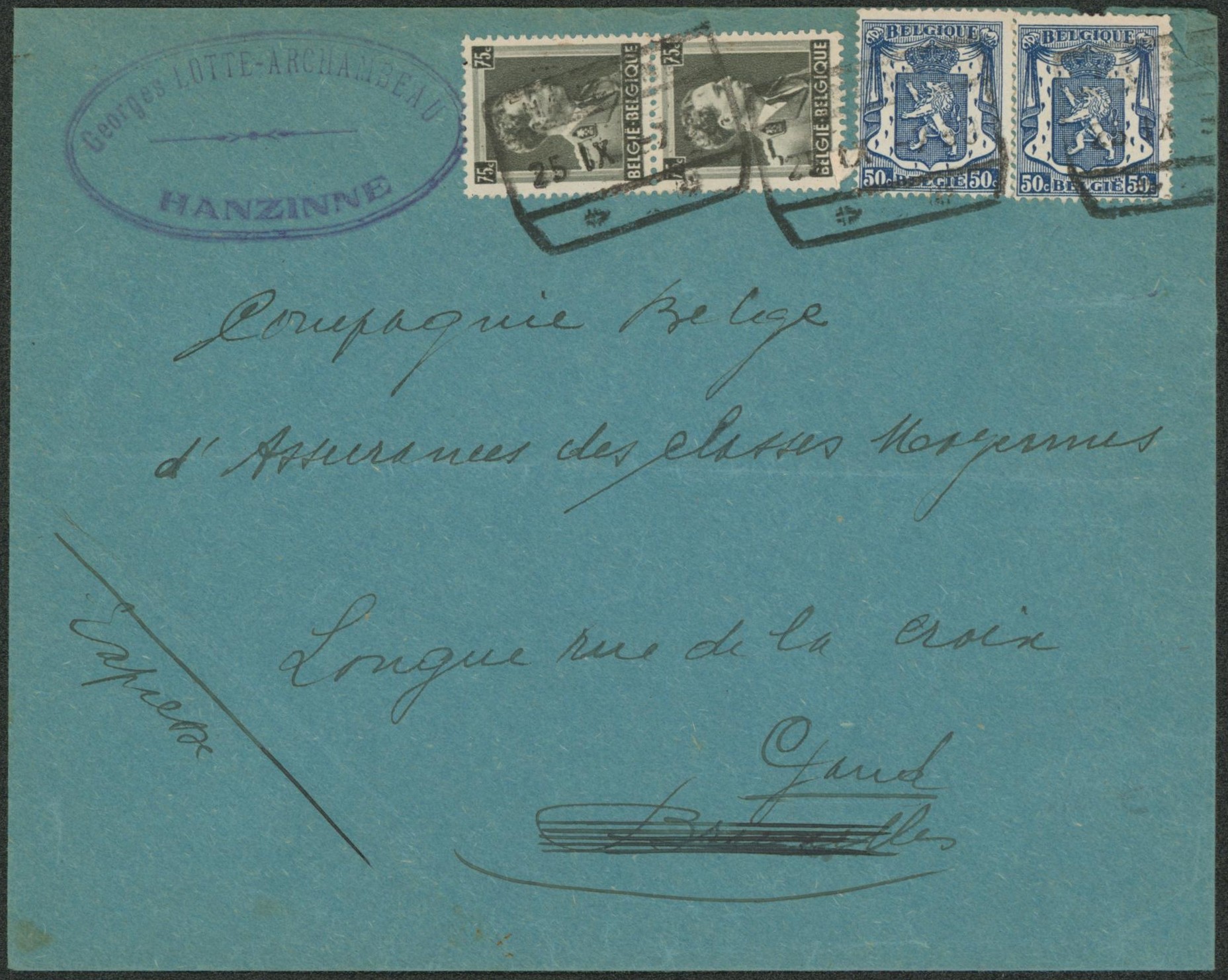 n°426 x2 et 480 x2 sur lettre en expres obl chemin de fer Hanzinne > Bruxelles redirigé Gand