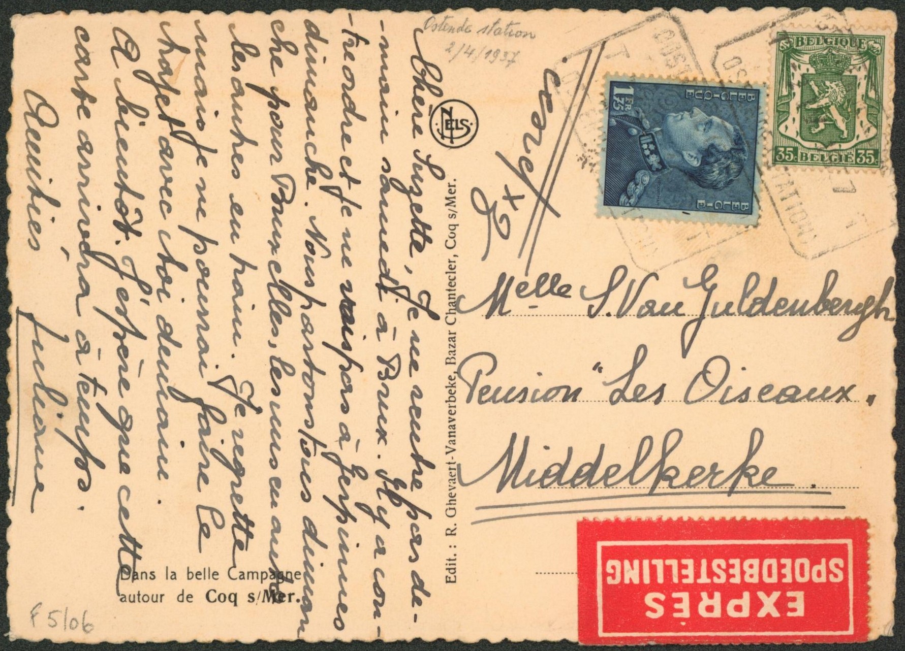 n°425 et 430 sur CP en expres obl télégraphe-téléphone "Ostende station" > Middelkerke"