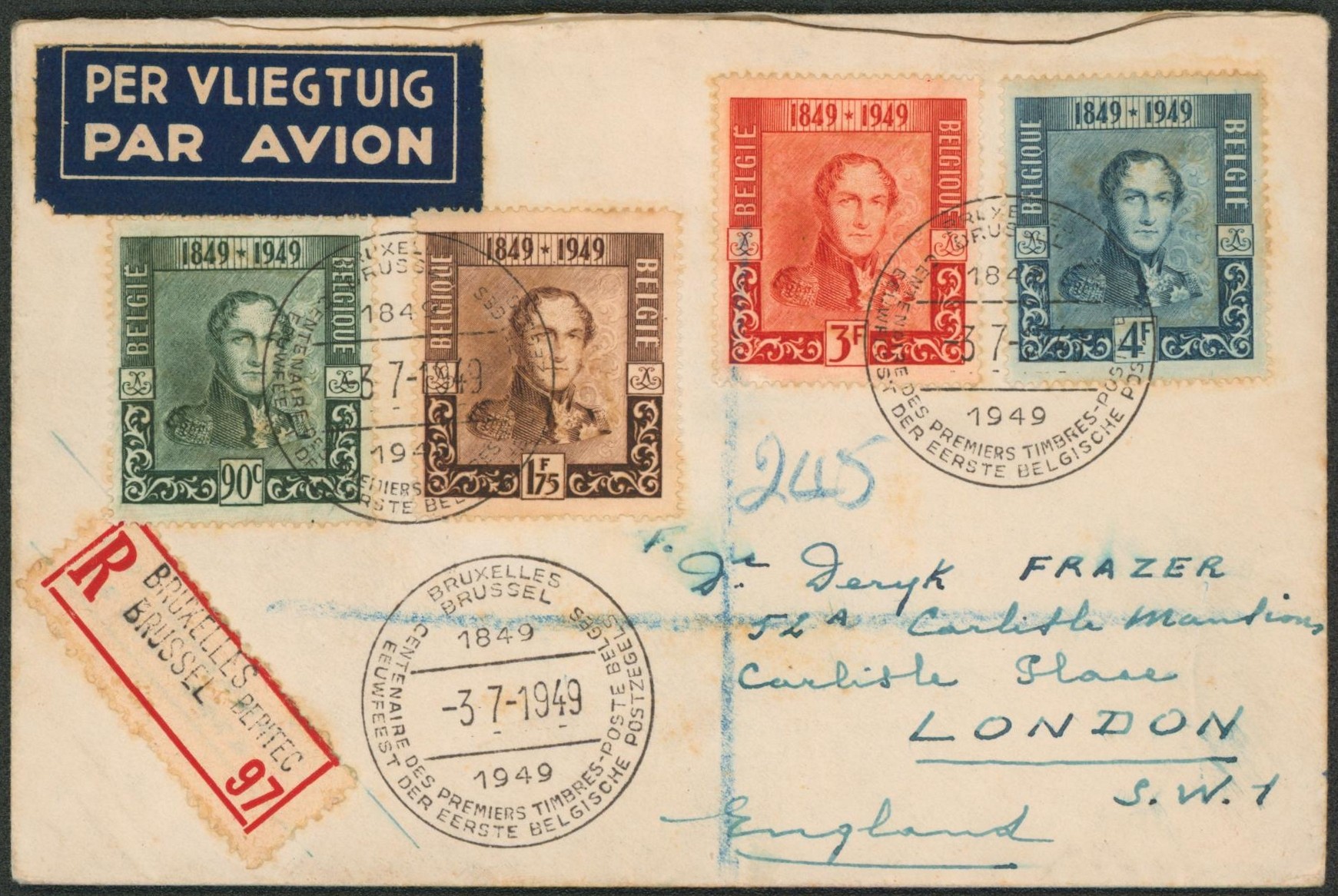 n°807/10 série complète sur lettre en recommandé par avion de Bruxelles (centenaire des premiers timbres) > London + Vignette BEPITEC
