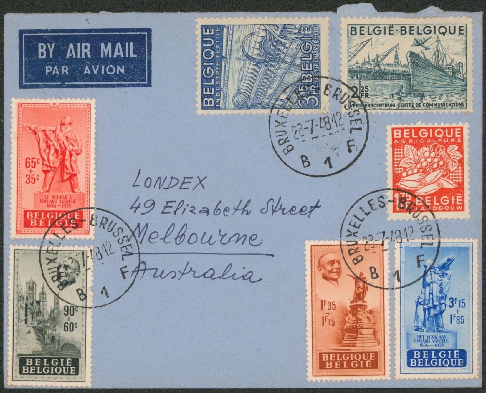 n°781/84 série complète + affranch. Complémentaire "exportation" sur lettre par avion de Bruxelles > Melbourne (Australie)"