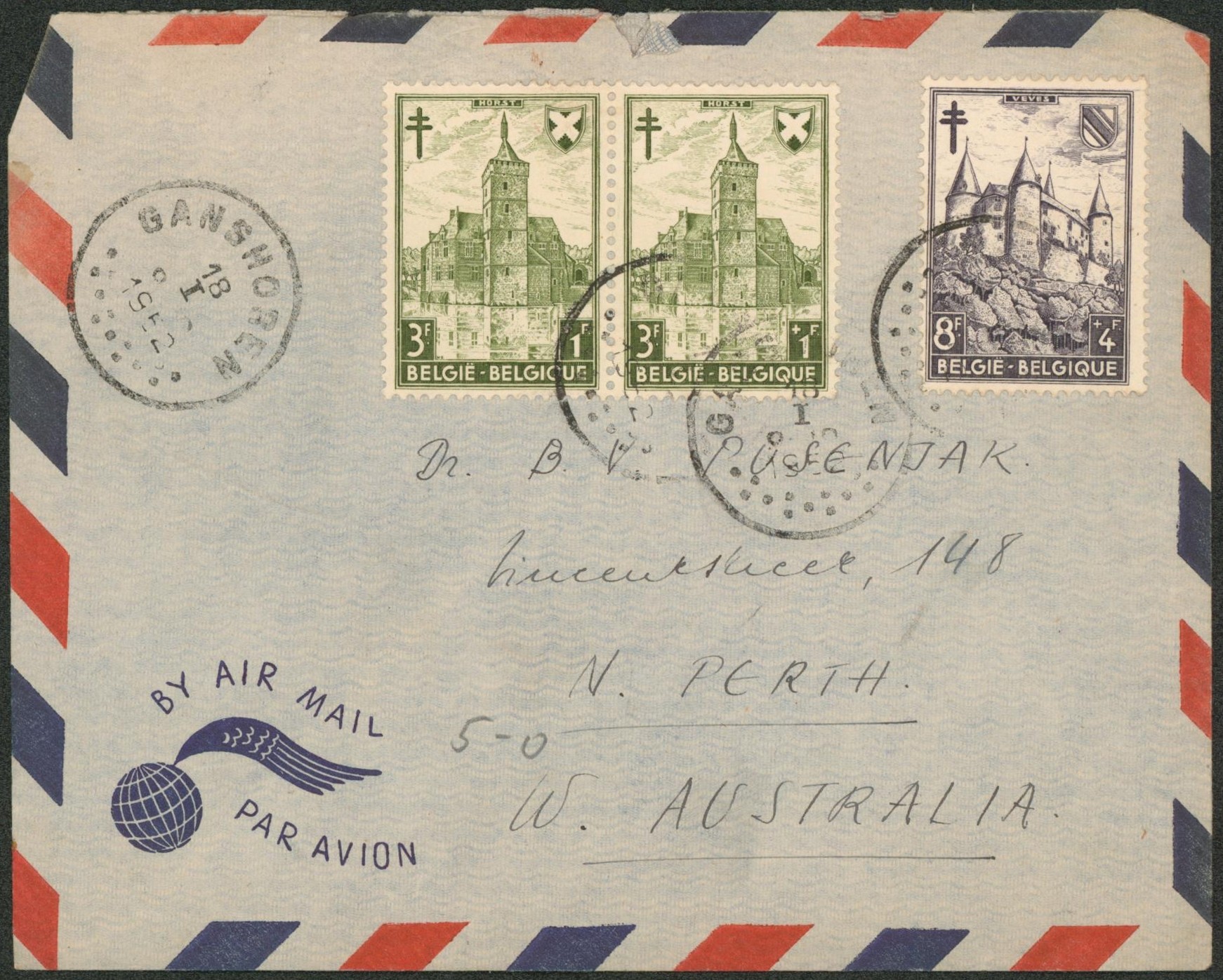 Antituberculeux (chateaux) - n°873 en paire + n°875 sur lettre par avion de Ganshoren > N. Perth (W. Australia)