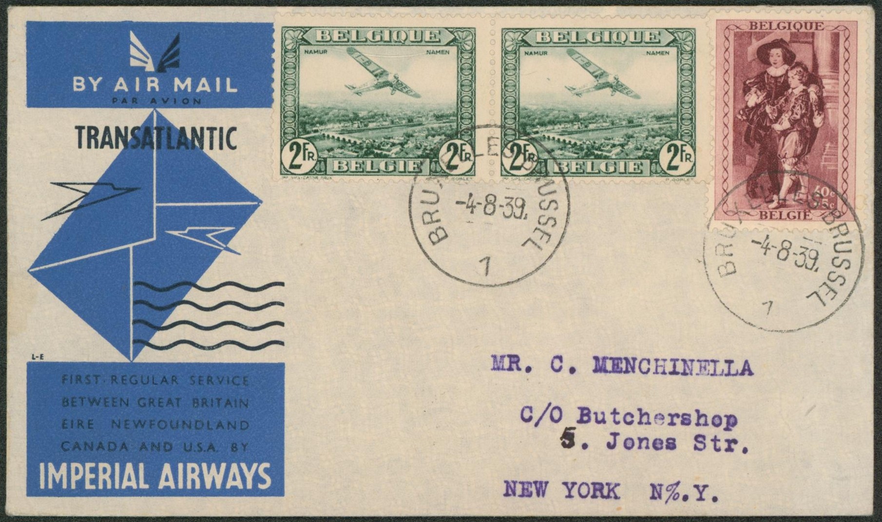 n°505 + PA3 x2 sur lettre par avion de Bruxelles via Imperial airways > New-York (USA)