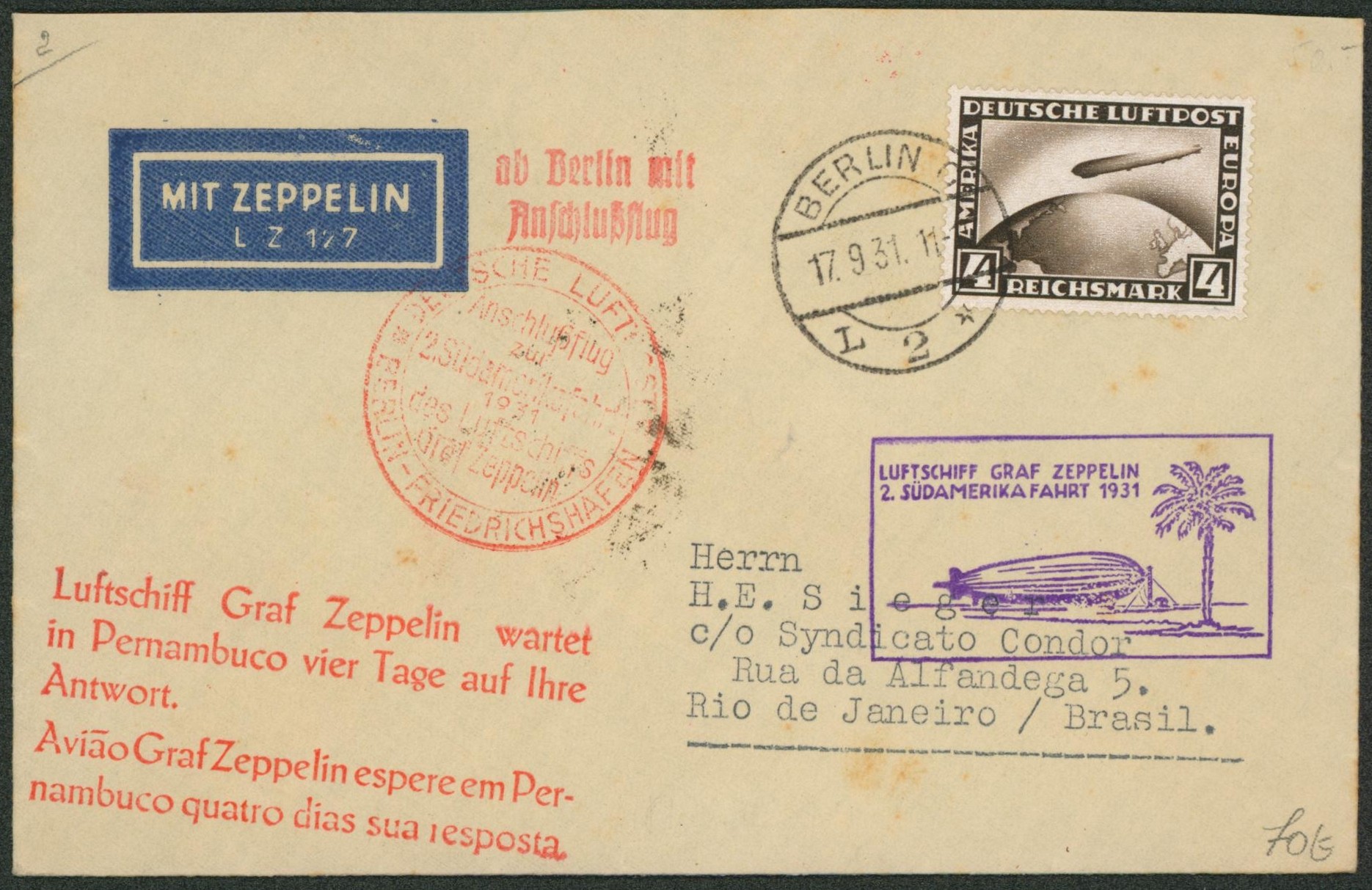 Allemagne - Mi n°424 sur lettre par avion de Berlin + grande griffe rouge "Graf Zeppelin?" (2. Südamerika fahrt 1931) > Rio de Janeiro (Brasil). Superbe"