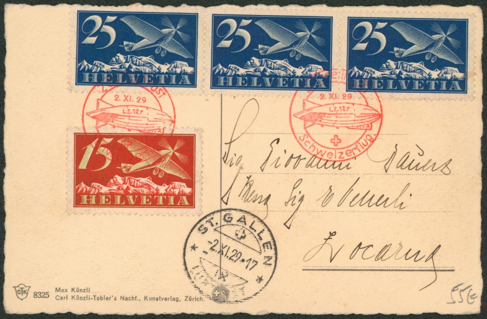 Suisse - Affranch. Mixte à 90Fs sur carte postale + cachet rouge "Zeppolin-Post / Schweizeflug" via St-Gallen > Locarno "