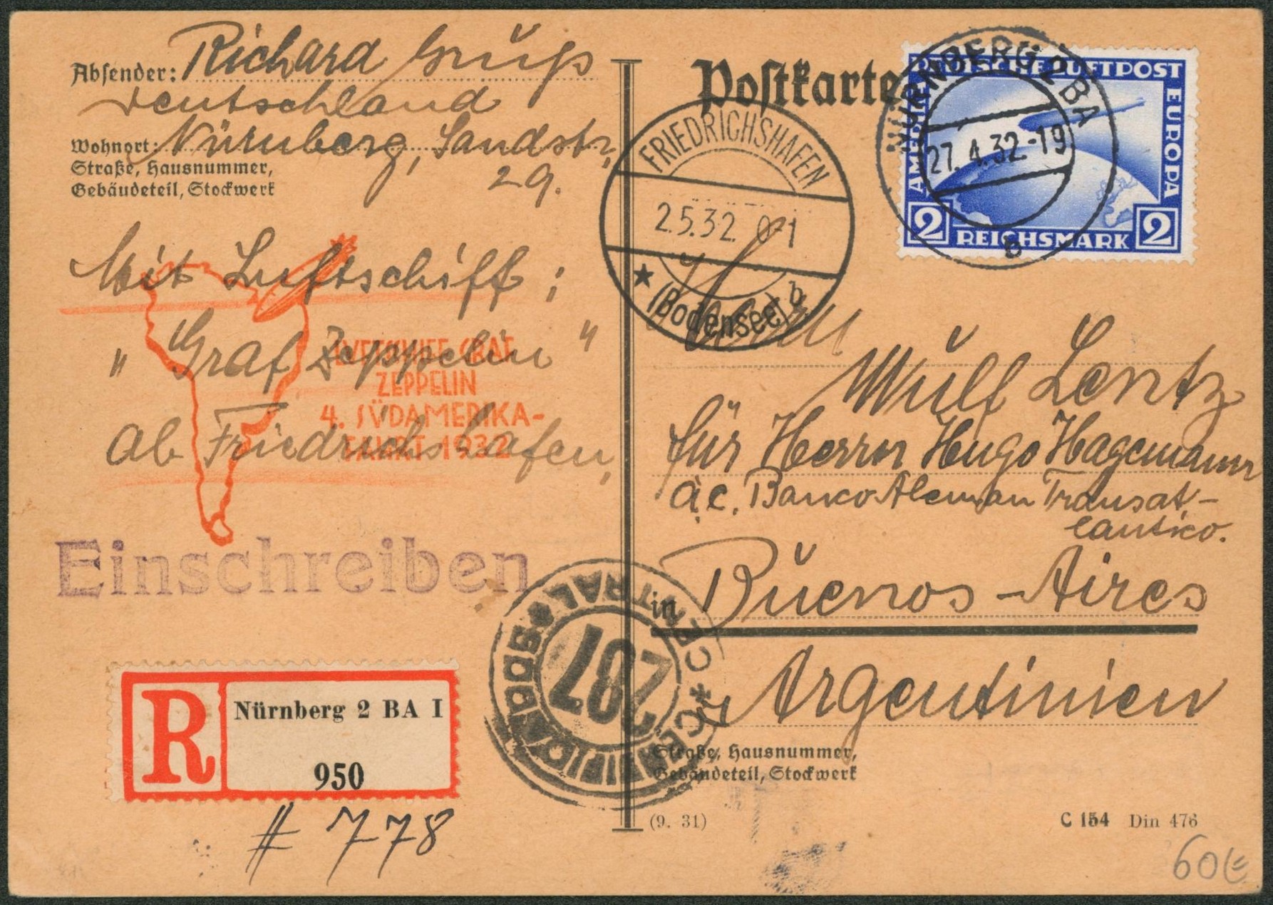 Allemagne - Mi n°423 sur Postkarte en recommandé de Nurnberg + cachet rouge Graf Zeppelin 4. Sudamerika fahrt 1932 > Buenos-Aires (Argentine) / Texte. 