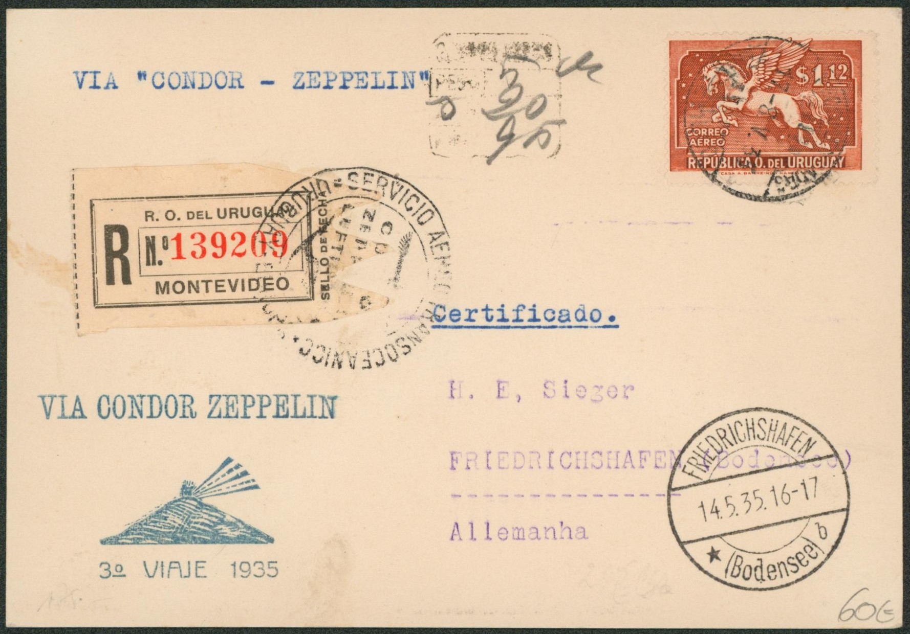 Uruguay - 1$12 sur carte sans texte en recommandé de Montevideo via CONDOR-ZEPPELIN (3e Viaje) > Friedrichshafen (Allemagne). TB 