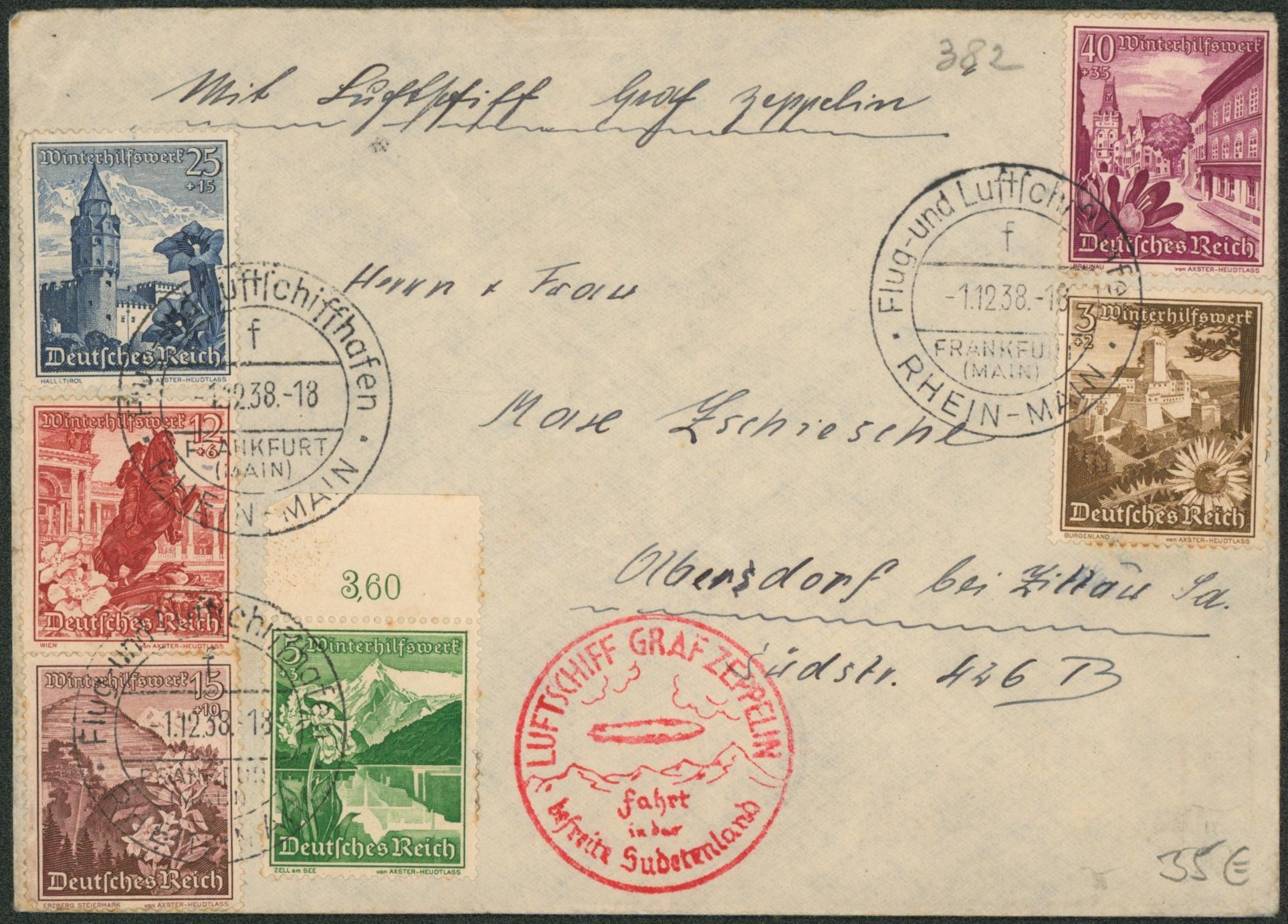 Allemagne - Affranch. Mixte çàd Reich sur lettre mit Graf Zeppelin "Flug-und luftchfchiffhafen / Rhein-Main" > Zittau. 3e Reich. "