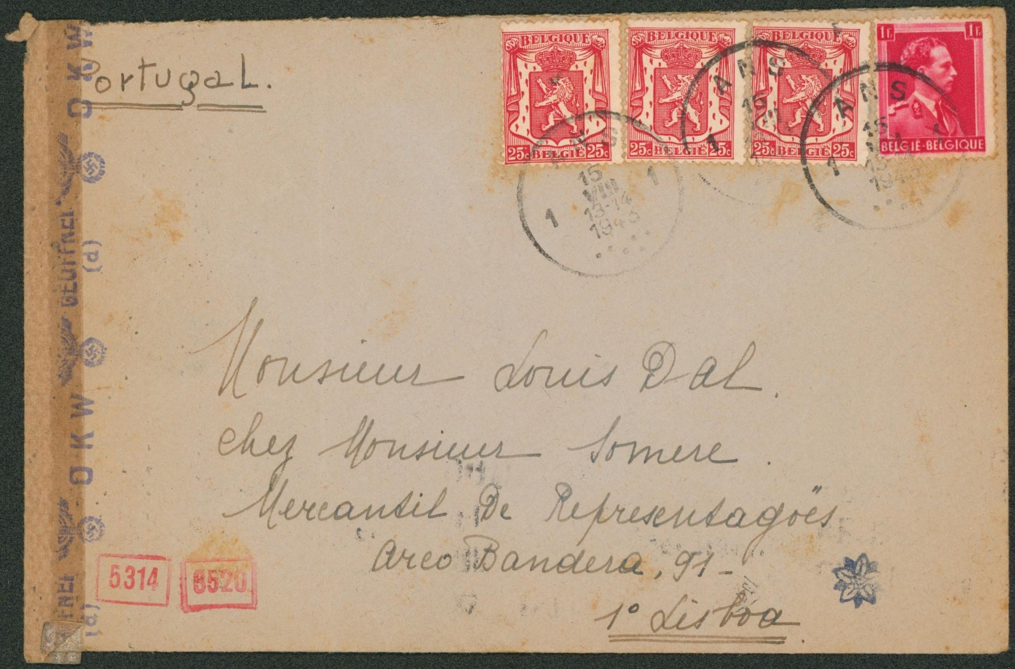 Affranch. Mixte (Col ouvert / Petit sceau) sur lettre expédié de Ans > Lisboa (Portugal) + censure. 