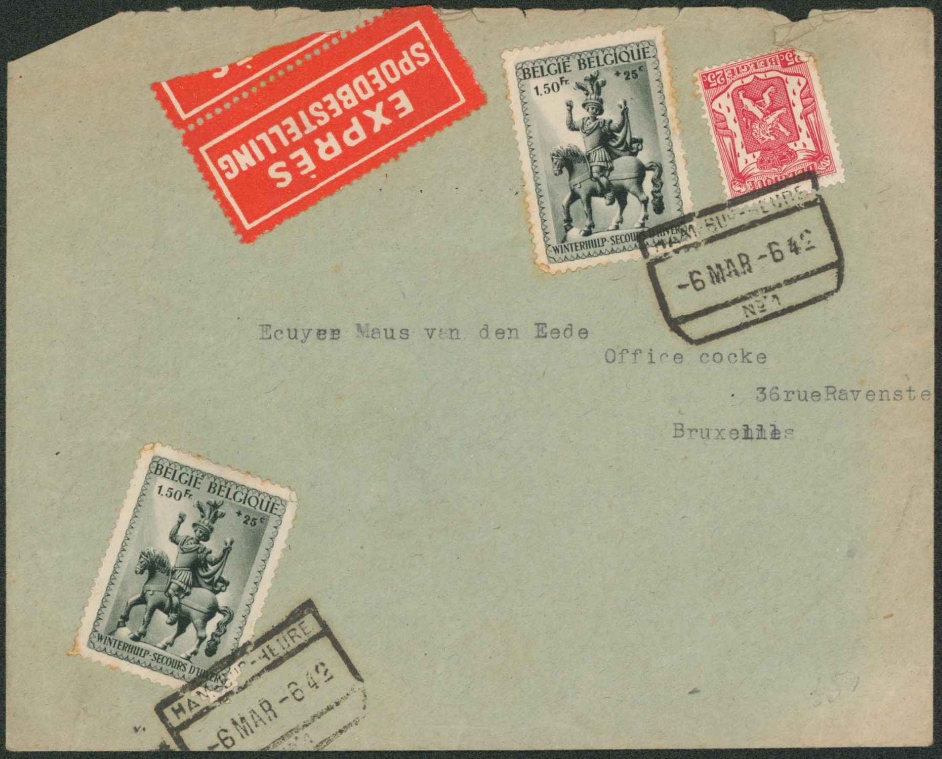 Secours d'hiver / Petit sceau sur lettre en expres obl chemin de fer "Ham sur heure / n°1" > Bruxelles. "