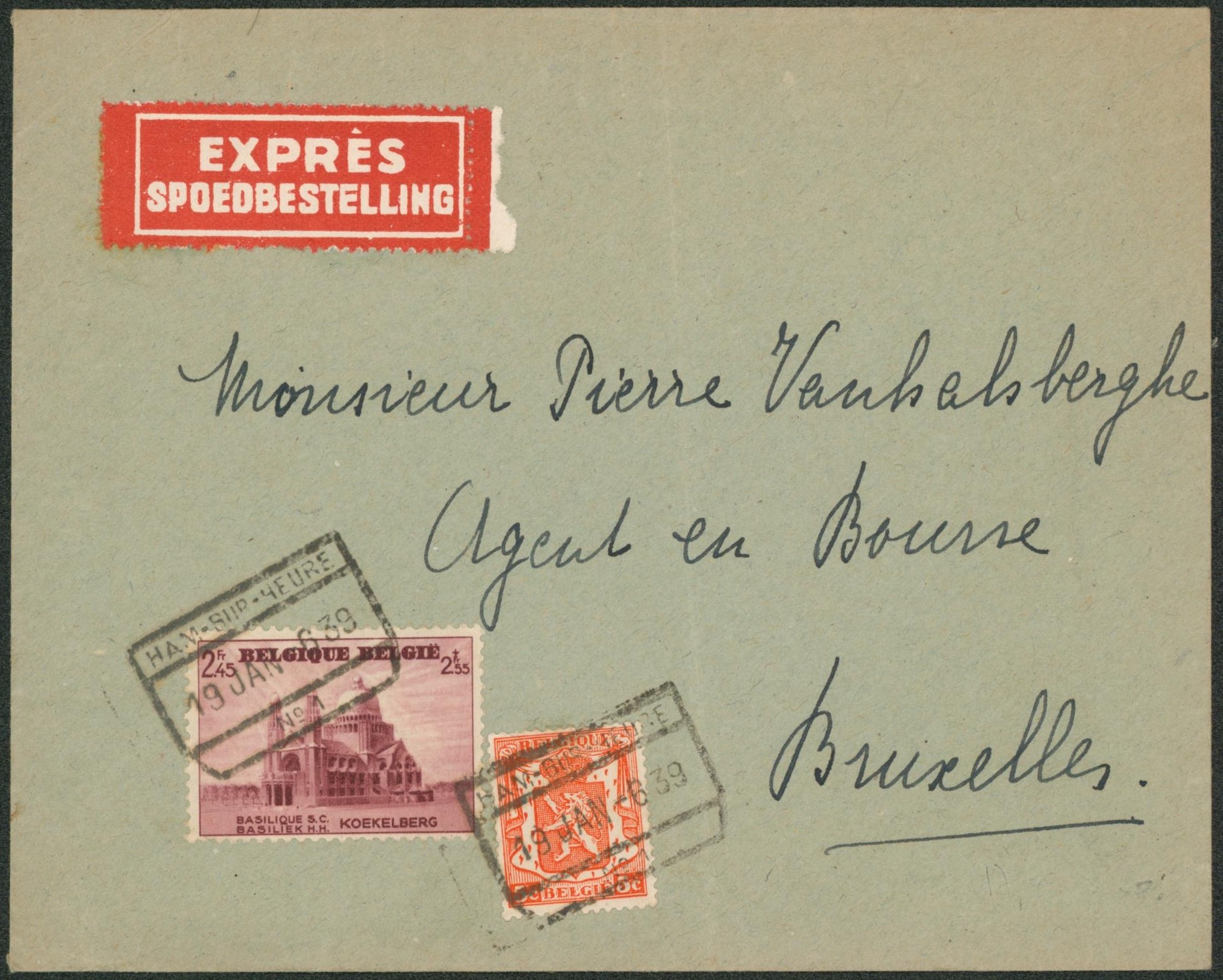 n°476 et 419 sur lettre en expres obl chemin de fer "Ham sur heure / n°1" > Bruxelles"