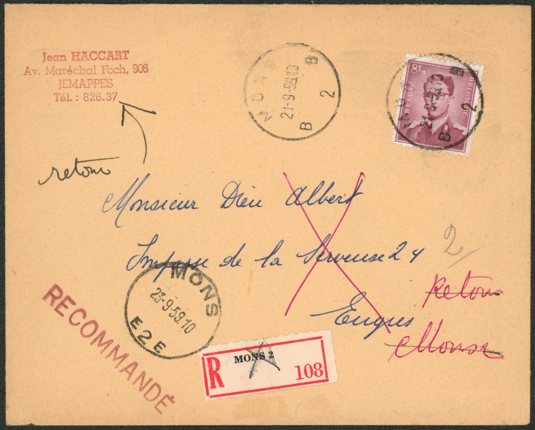 Baudouin à lunettes - n°1072 seul sur lettre en recommandé de Mons 2 > Eugies / Retour Jemappes. 