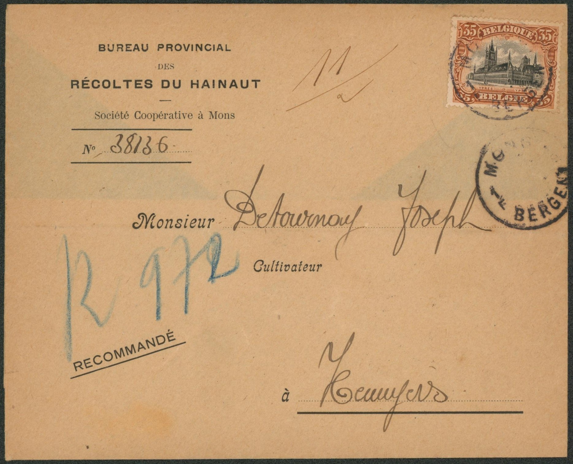 n°142 sur lettre (récoltes du hainaut) en recommandé + cachet de fortune "Mons / Bergen" (Absence du bloc dateur) > Hennuyères. "