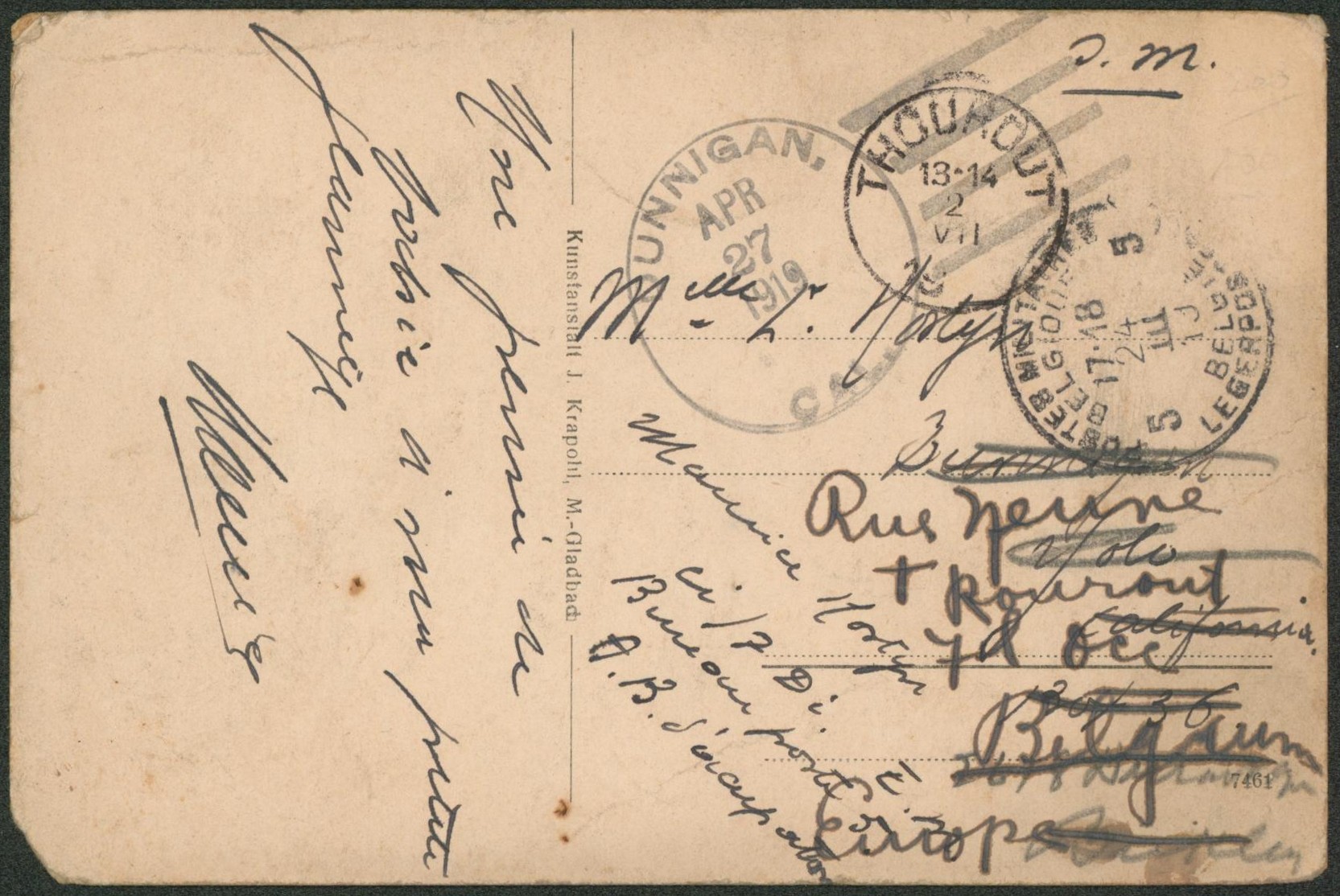 CP en S.M. expédié de P.M.B. 5 > Dunningan (Californie, USA) çàd arrivée le 27/04 redirigé vers Thourout plus de 2 mois plus tard çàd arrivée le 02/07 !