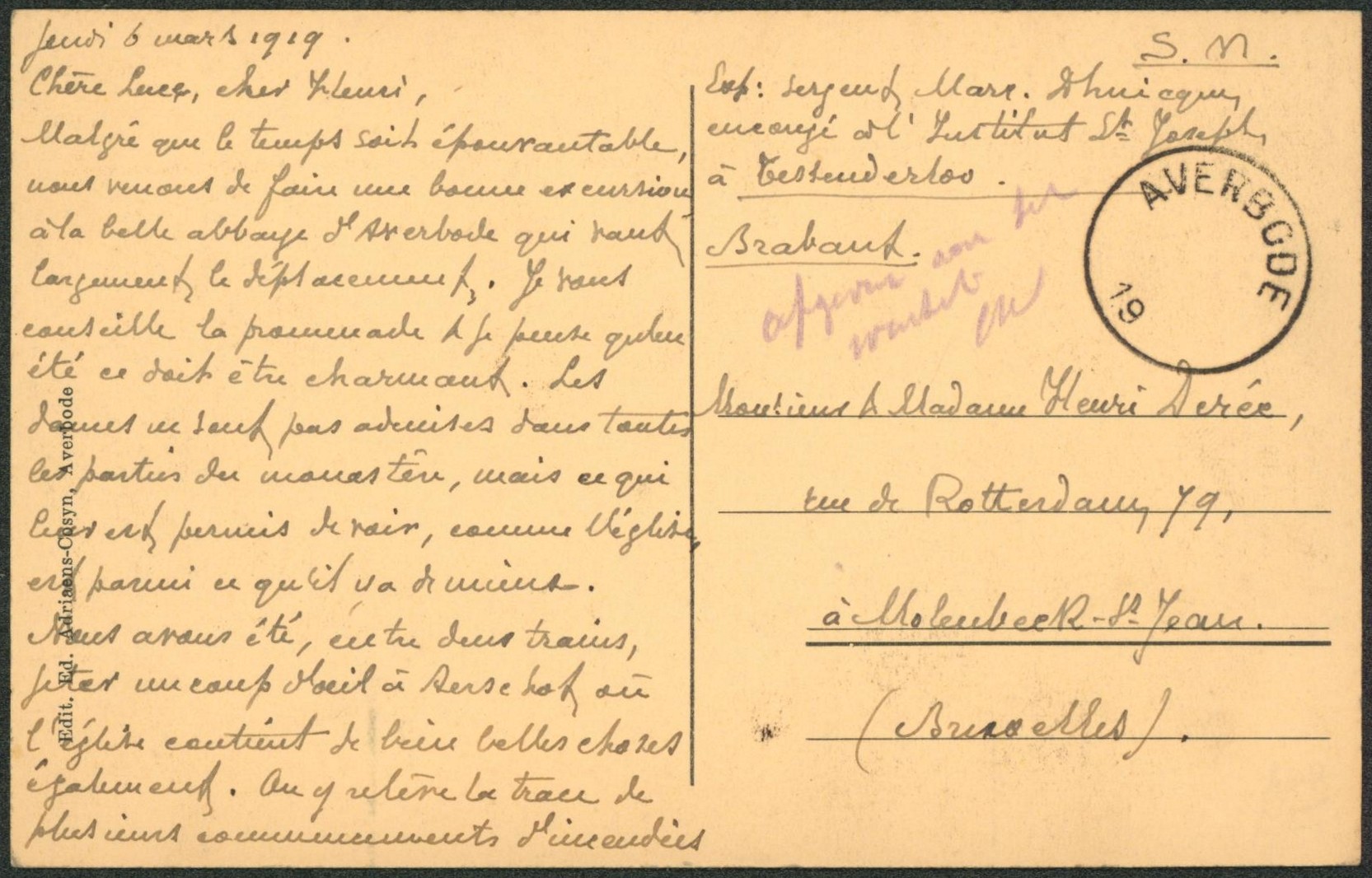 CP en S.M. + cachet de fortune "Averbode" > Molenbeek-St-jean"