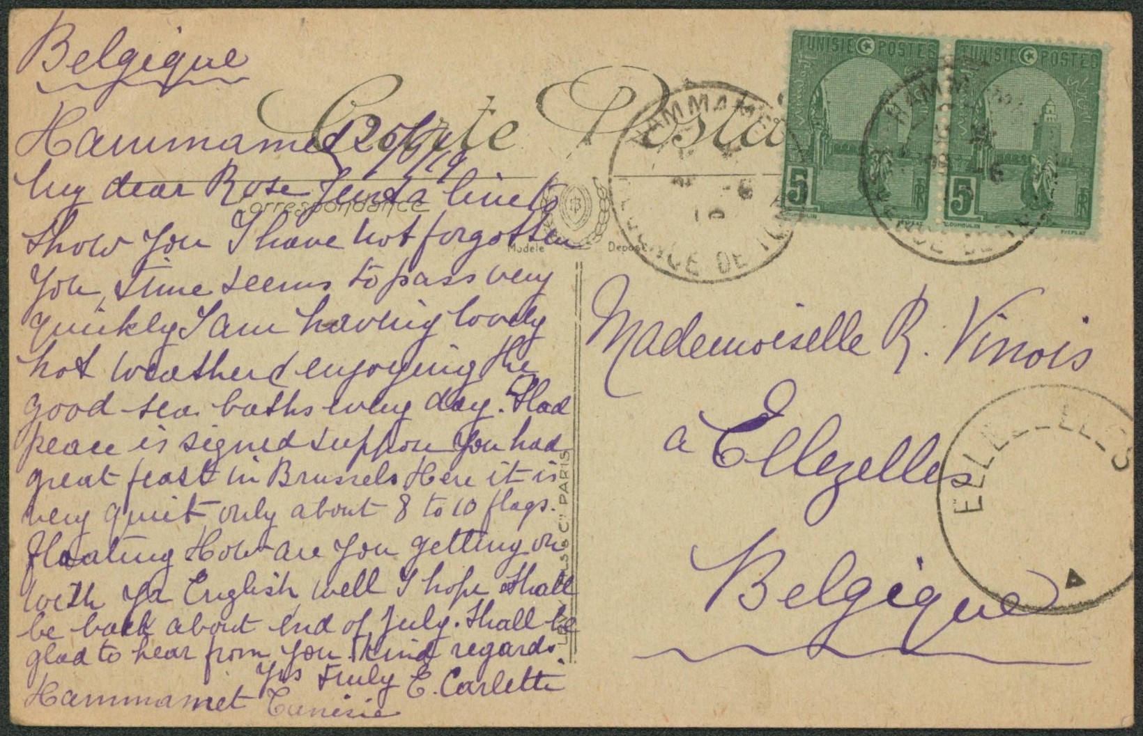 CP en provenance du Maroc (Hammamed) > Ellezelles çàd cachet de fortune à l'arrivée. 