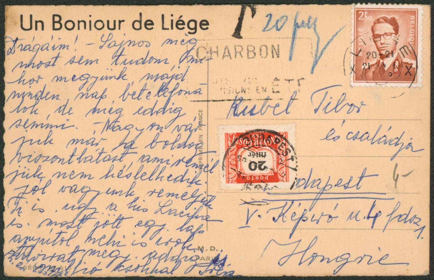 Baudouin à lunettes - 2F50 sur CP fantaisie expédiée de Liège > Budapest (Hongrie), taxée à l'arrivée 20 filler. 