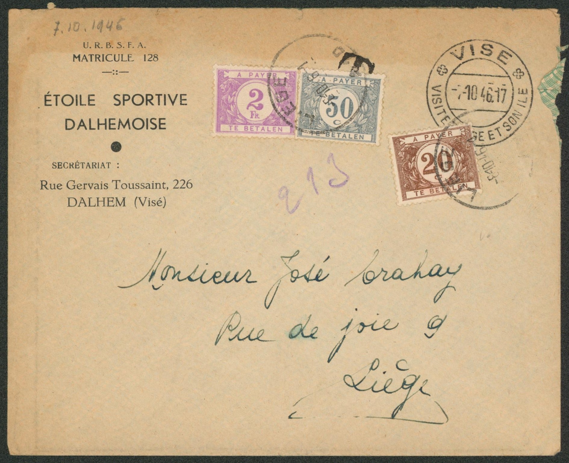 Lettre non affranchie expédié de Visé (étoile sportive Dalhemoise) > Liège, taxée çàd affranchissement tricolore ! Superbe. 