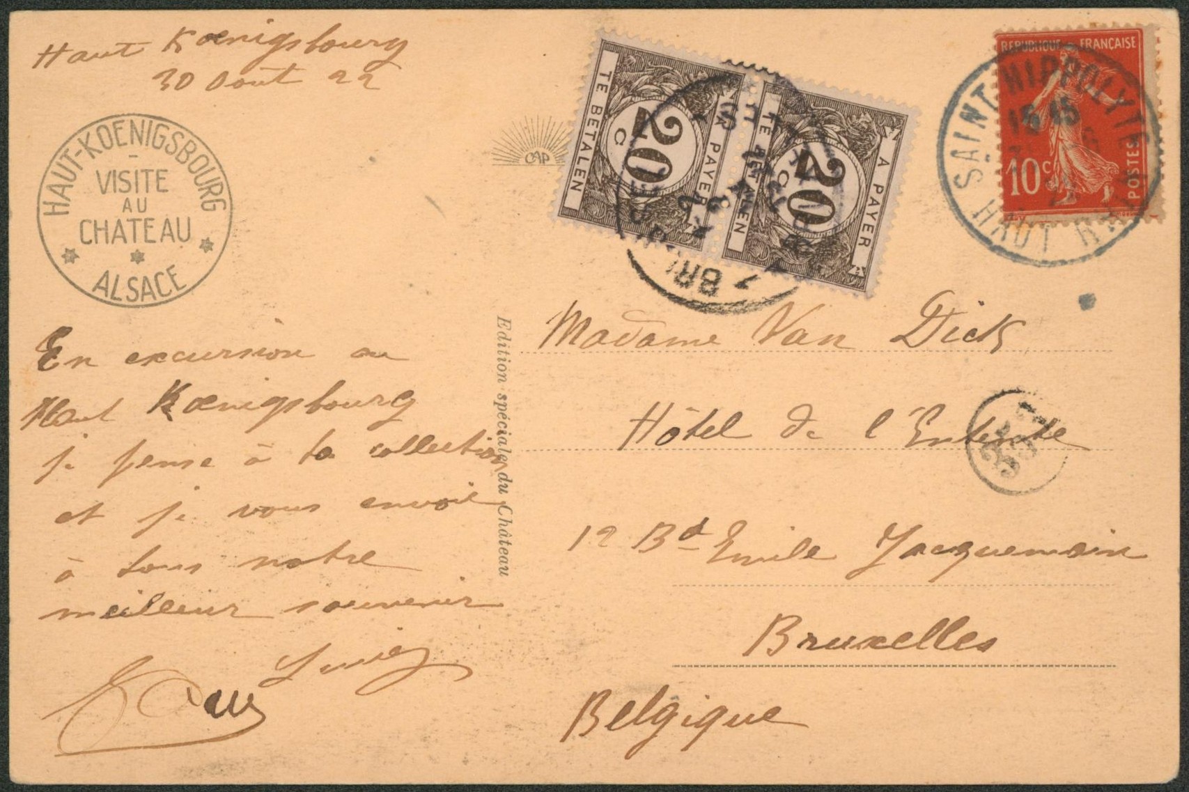 Semeuse - 10C sur CP vue expédié d'Alsace > Bruxelles, taxé à 40ctm par TX34 en paire.