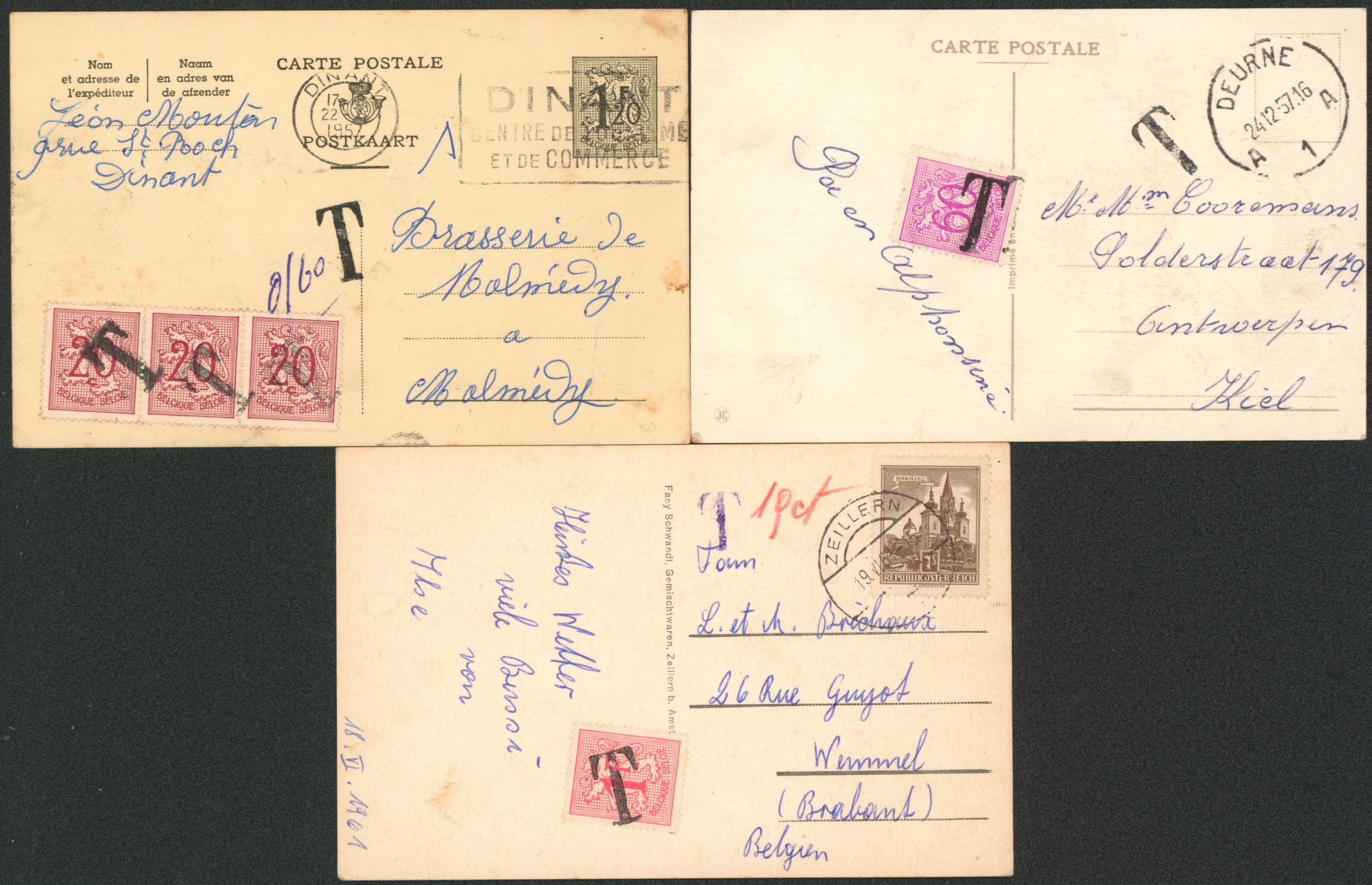 Ensemble de 3 documents taxé par chiffre sur lion surchargé T, à voir. 