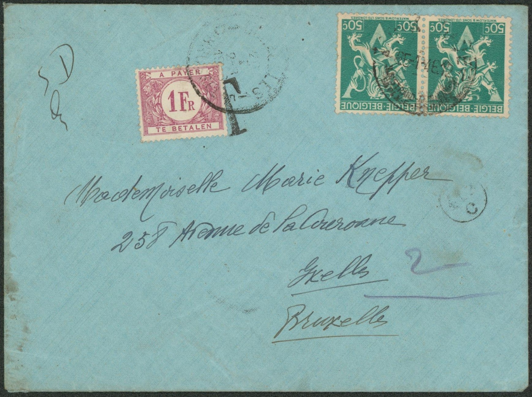 Lion héraldique "V" - Affranch. À 1Fr sur lettre expédié de Coxyde-Bains > Ixelles, taxé à 1 Fr + étiquette Absent. "