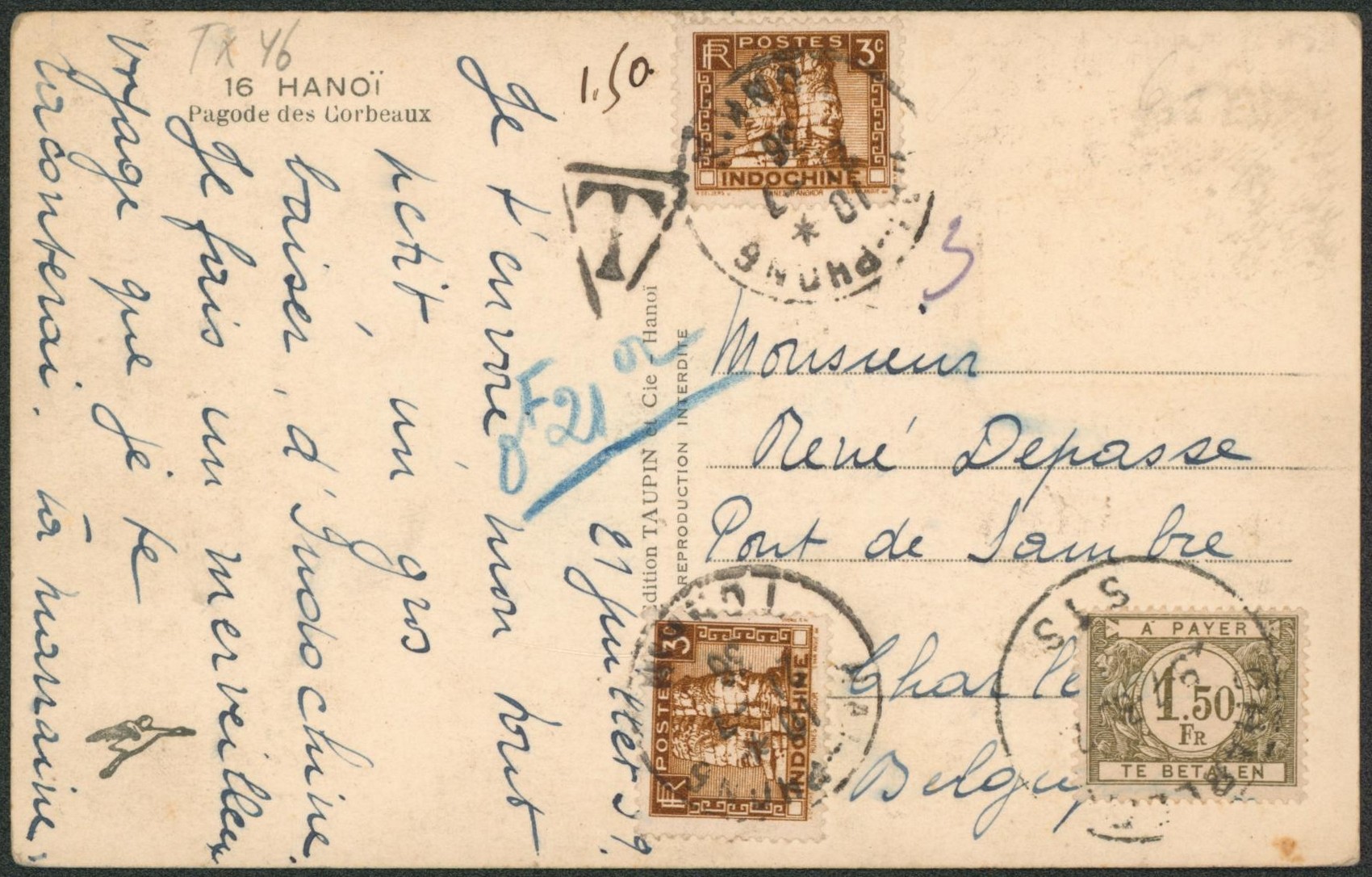 Vietnam - CP expédiée de Hanoï > Charleroi çàd taxée à 1F50 par TX46