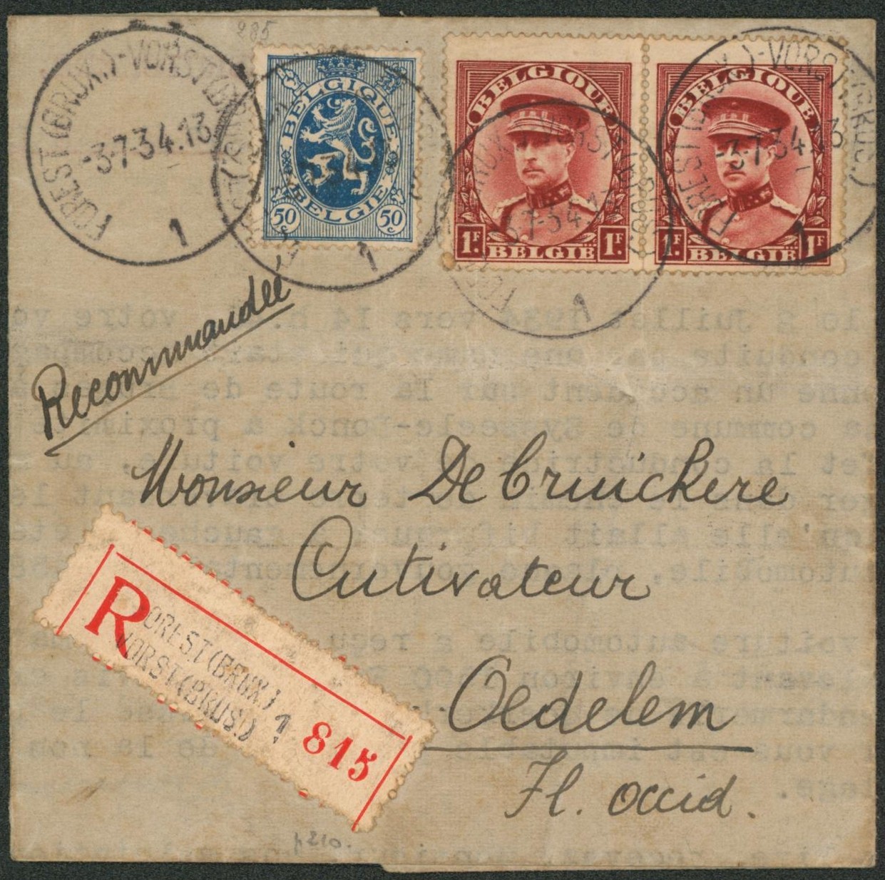 Affranch. Mixte (Képi / lion héraldique) sur lettre en recommandé de Forest (Brux.) > Oedelem 