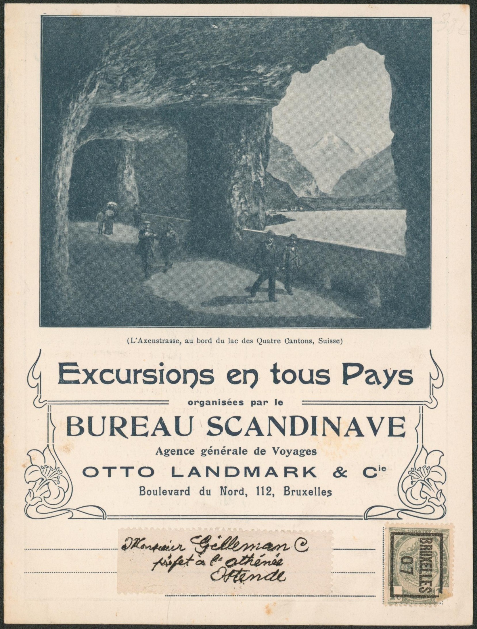 n°53 typo BRUXELLES 07 sur imprimé dépliant "excursions en tous pays, organisés par le bureau scandinave" > Ostende. "