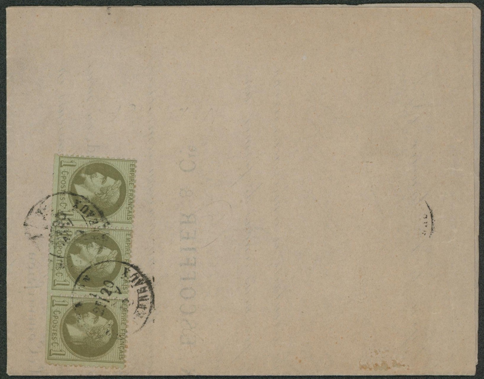 France - Yv n°25 en bande de 3 (bord inférieur droit, dents rasés) sur imprimé circulaire informant la formation d'une société A. Rouzier, escoffier & Cie (Lyon le 1er Janvier 1872)