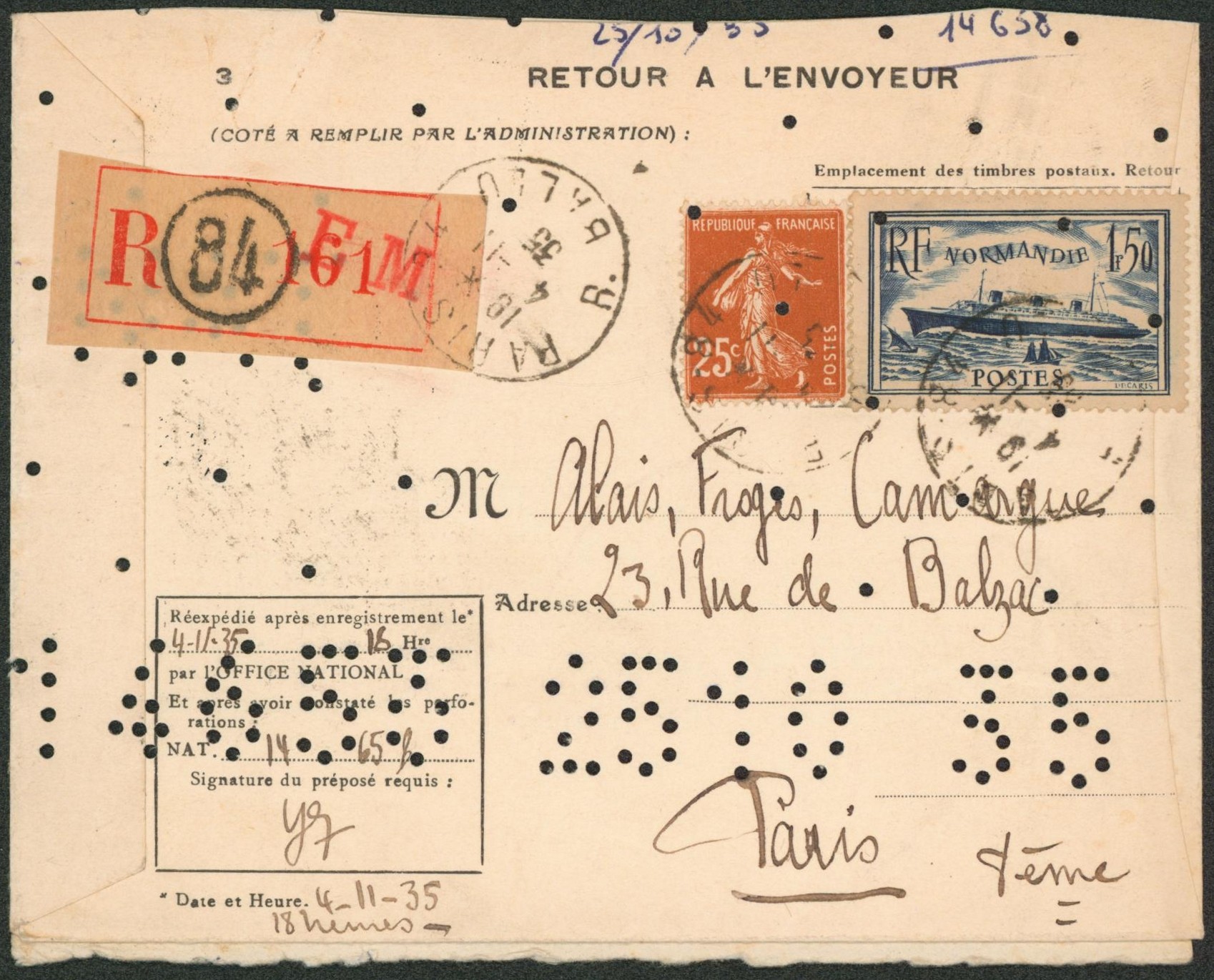 France - Affranch. Mixte (Semeuse, Normandie) sur Lettre "retour à l'envoyeur" (perforation sur toute la lettre) en recommandé de Paris 84  > Paris 8e"