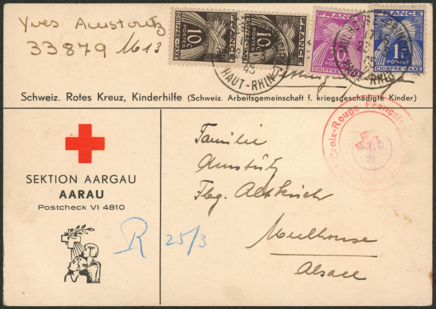 Carte imprimée "Croix rouge / Section Aarau, postcheck VI 4810" daté de Wettingen (Suisse) > Mulhouse (Alsace), taxé à 1F50. Cachet "Croix-rouge française""