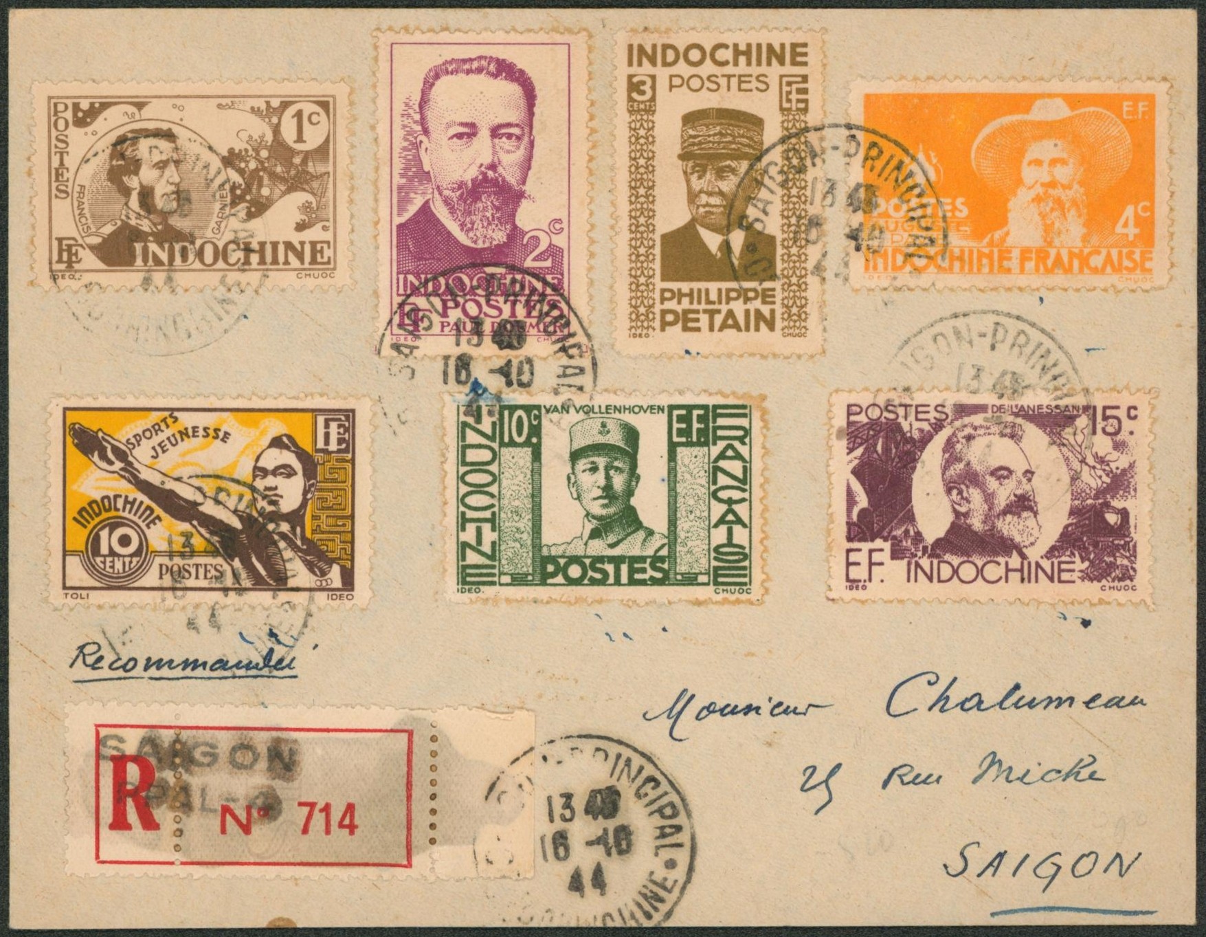 Indochine - Bel affranchissement coloré sur lettre en recommandé de Saigon > Saigon / Pétain. 