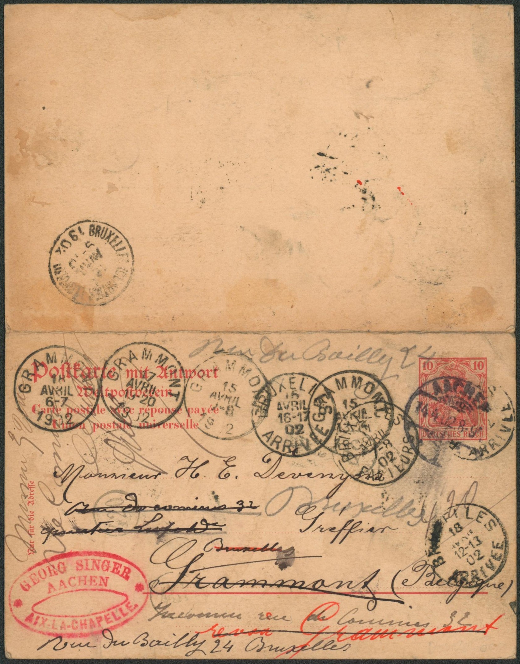 Allemagne - Entier double type 10 Pf rouge (réponse neuve) de Aachen > Bruxelles, redirigé vers Grammont (plusieurs recherches à Grammont). 