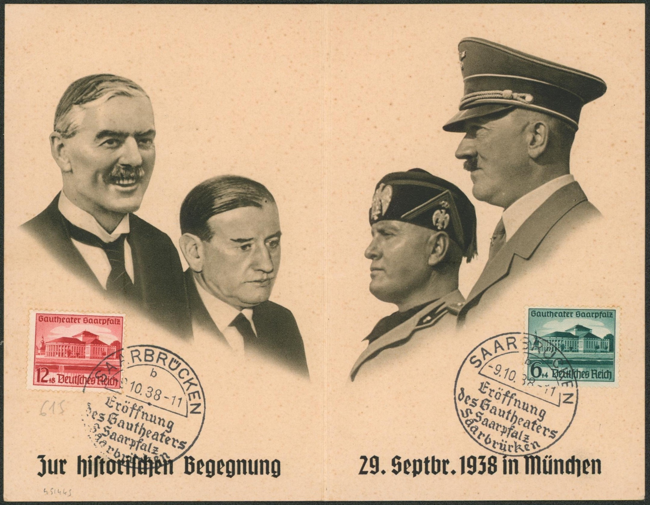 Allemagne - Carte propagande en deux volets + Yv n°614/615 obl "Saarbrucken" (théatre) "