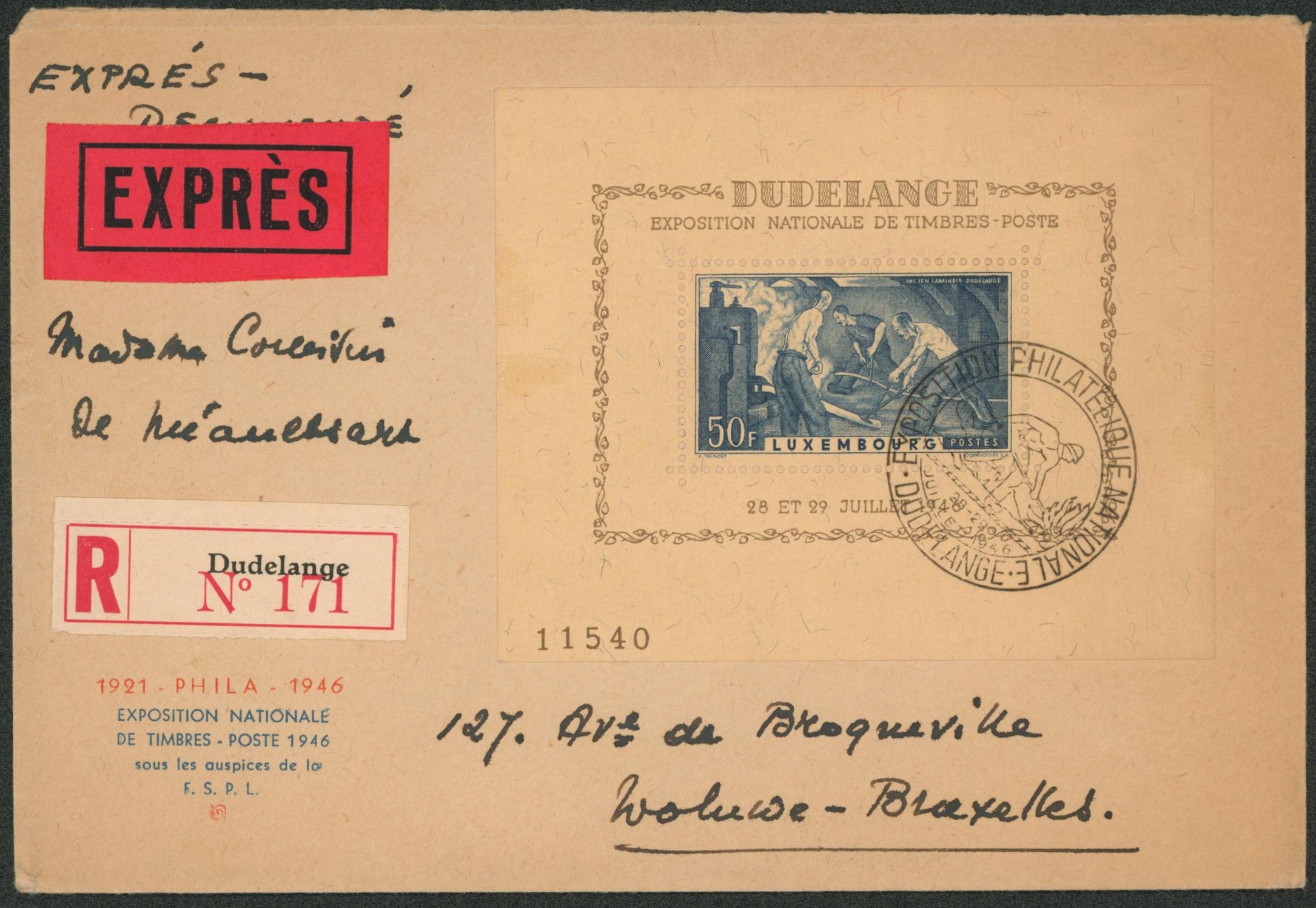 Luxembourg - BF n°6 sur grande enveloppe en recommandé expres de Dudelange (phila 1946, exposition nationale de timbres postes çàd Env. officielle) > Woluwé
