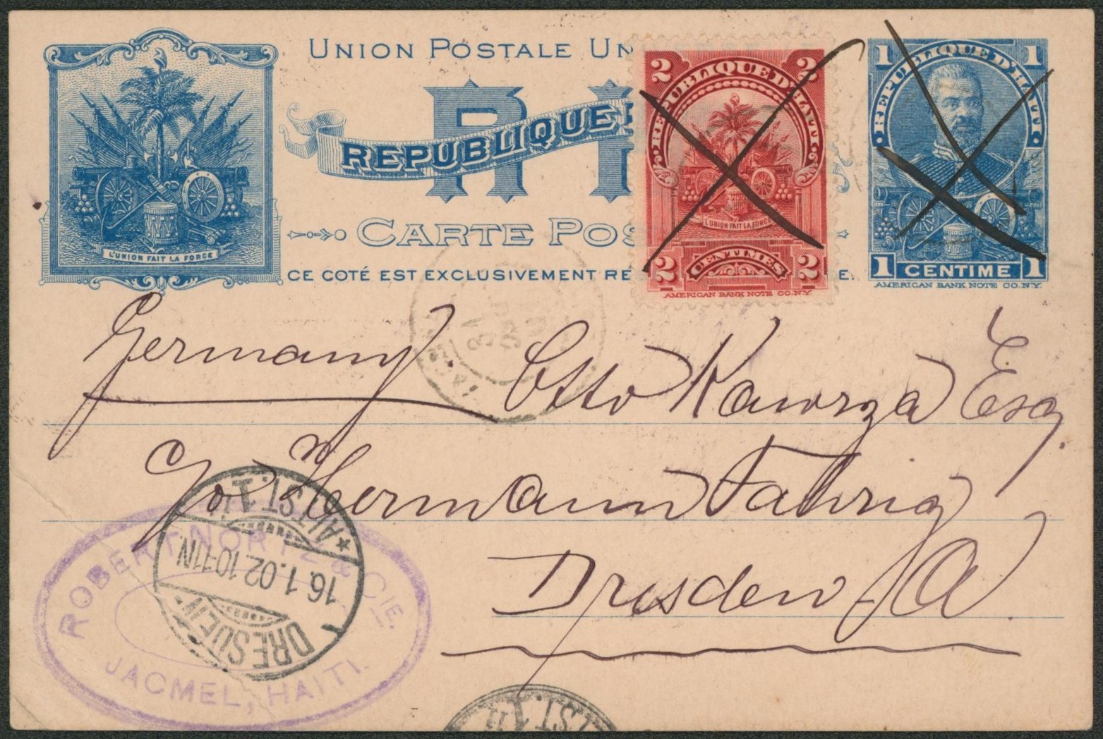 République d'Haiti - EP au type 1ctm décoré (union fait la force) + affranchissement complémentaire annulé à la plume par une croix > Dresden (Allemagne). 
