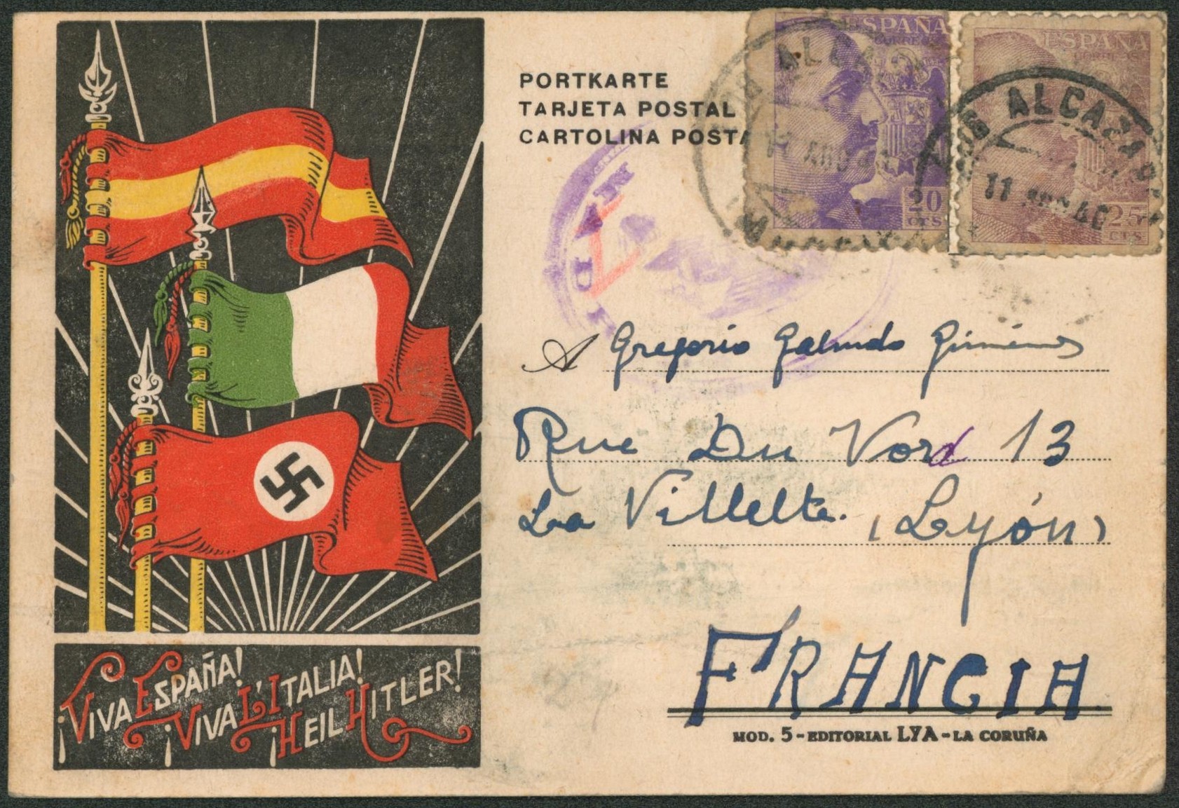 WWII - Carte de propagande VIVA ESPANA / ViVA L'ITALIA / HEIL HITLER de Los Alcázares + censure > Lyon (France)