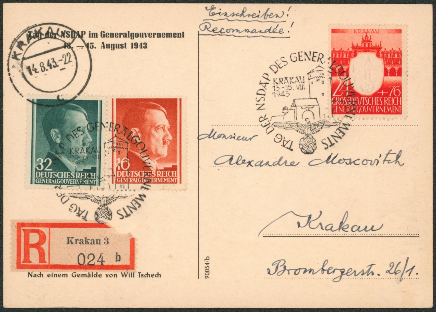 Allemagne - Carte postale de propagande (Front, WWII) General gouvernement + étiquette de recommandé "Krakau 3" (Pologne). "