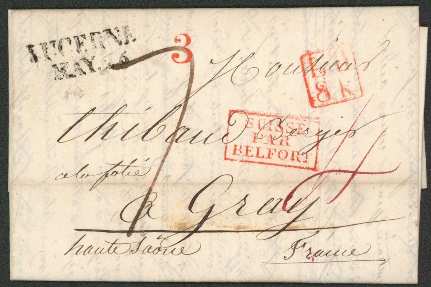 LAC datée de Lucerne + obl linéaire noir LUCERNE MAY 34 + encadré rouge "Suisse par Belfort" > Haute savoie (France). "