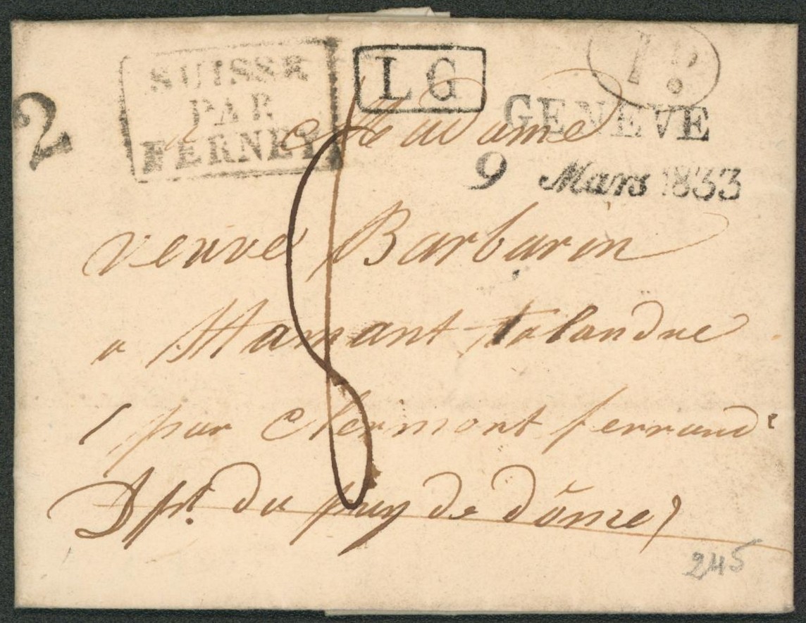 LAC datée de Genève + obl linéaire noir GENEVE 9 MARS 1933, encadré noir "Suisse par ferney", divers ports > France. "