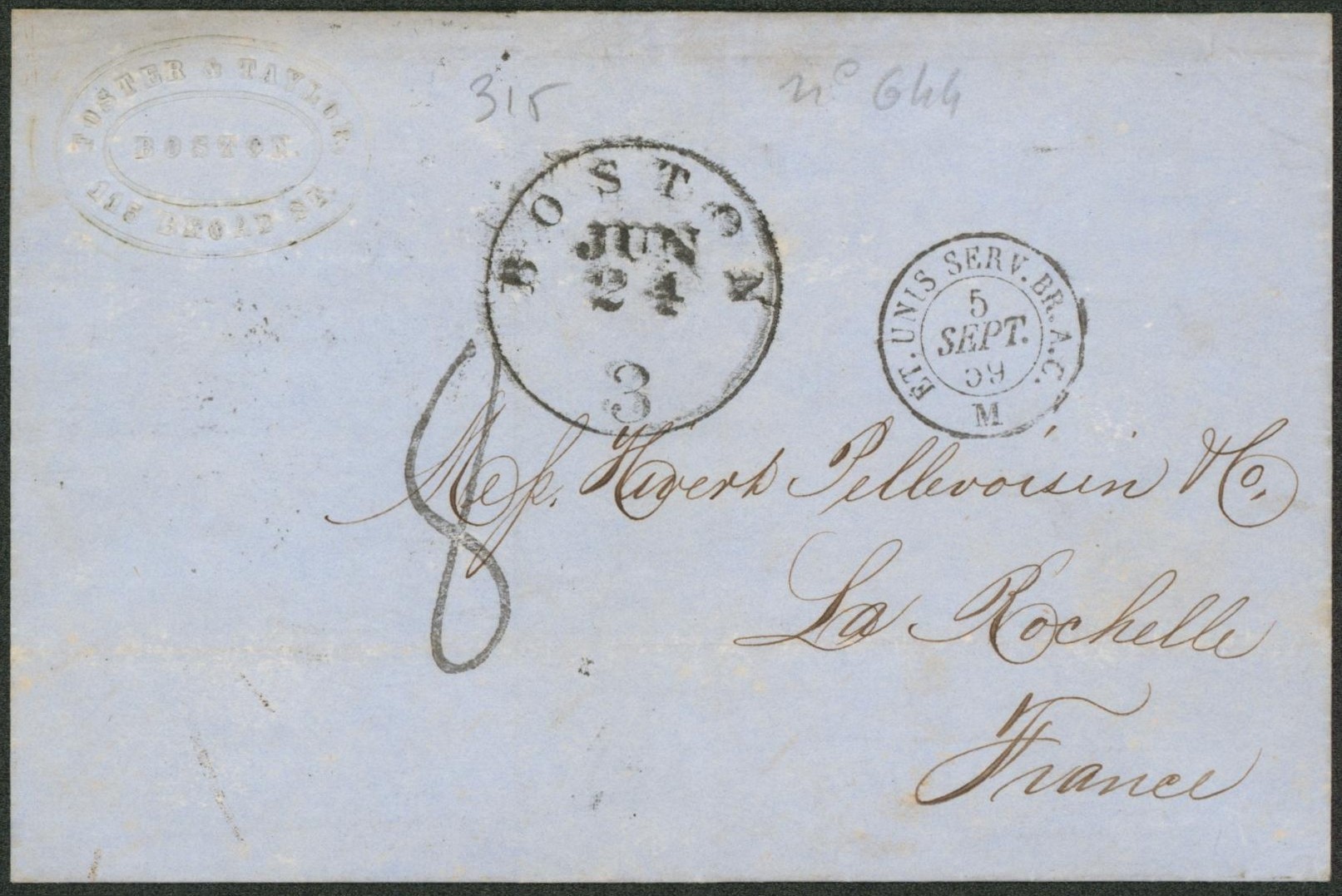 Collection (ligne maritime) - LSC + cachet dateur "Boston" et double cercle "Et. Unis Serv. Br. A.C. / M." > La rochelle (France). Salles n°1778"