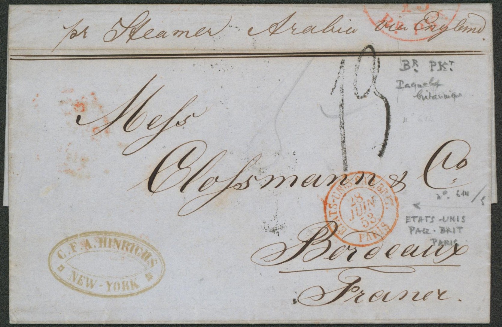 Collection (ligne maritime) - LAC en provenance de New-York per steamer Arabia via England + cachet de passage rouge "Etats-Unis paq. Brit. / Paris" > Bordeaux.  Salles 1782 (Tome IV)"