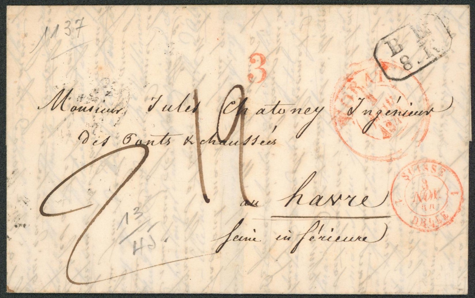 Suisse - LAC non datée + cachet dateur "Morat", port divers > Le Havre + cachet de passage rouge "1 Suisse / 1 Delle""