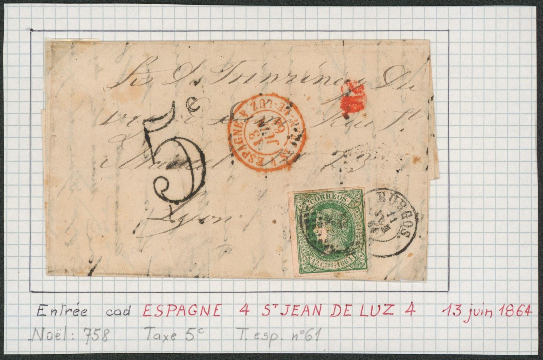 Collection (ligne maritime) - Espagne : Yv n°61 sur LAC expédié de Burgos taxe 5c > Lyon (France) + passage rouge " Espagne / 4 St Jean de Luz 4""