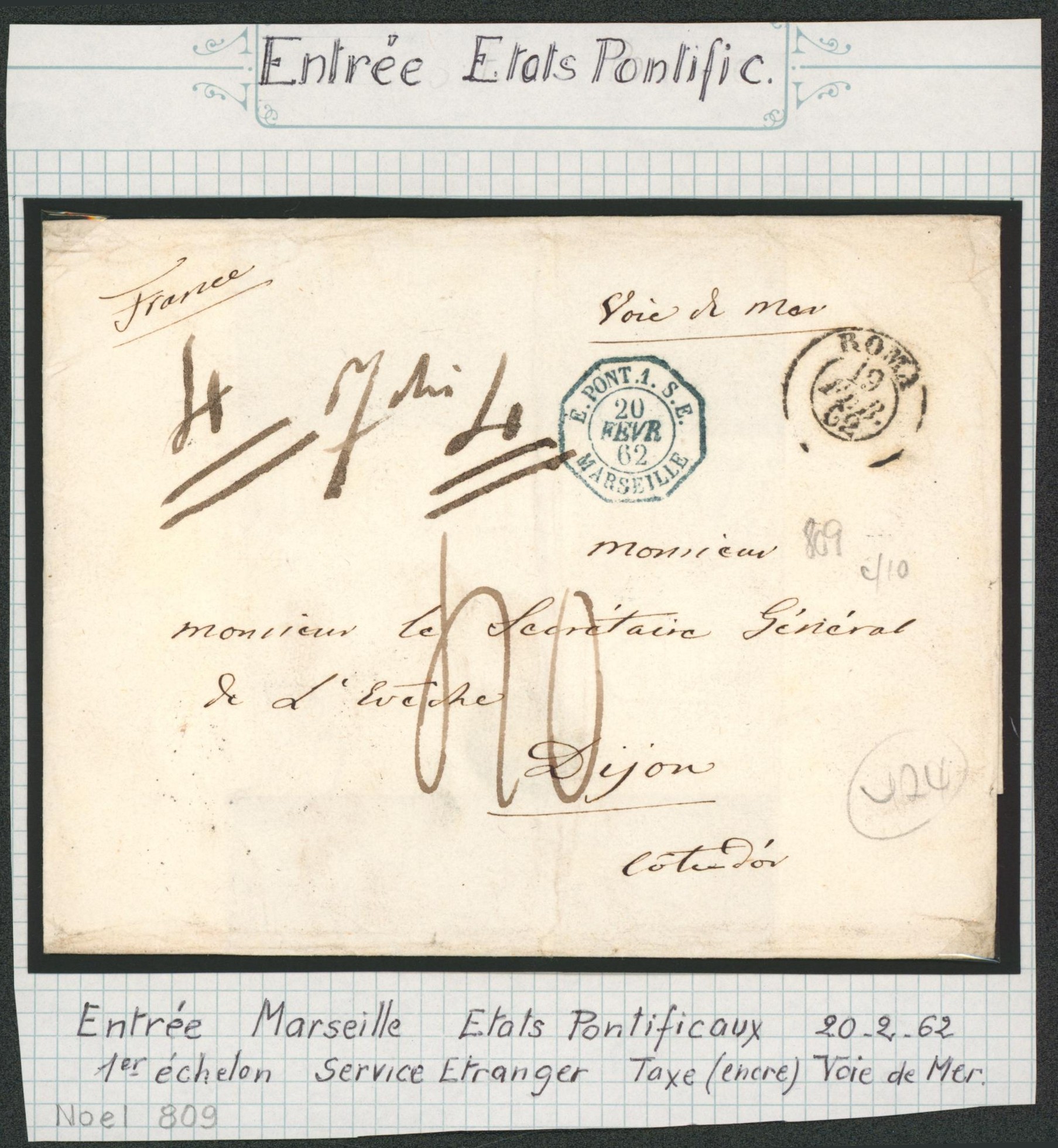 Collection (ligne maritime) - Italie : LSC + cachet dateur "Roma" par voie de mer > Dijon (France) + cachet paquebot "E. Pont. 1. S.E. / Marseille""
