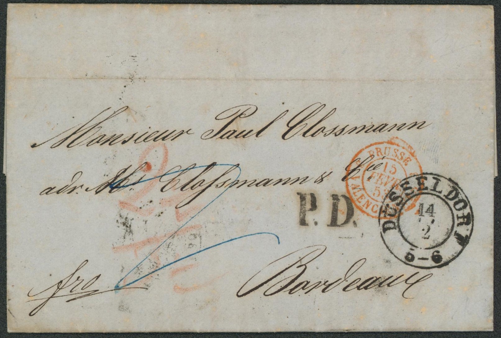 Allemagne - LAC datée de Dusseldorf + griffe P.D. > Bordeaux + Passage "Prusse / 3 Valenciennes 3". Verso griffe HAMM / 14:2"