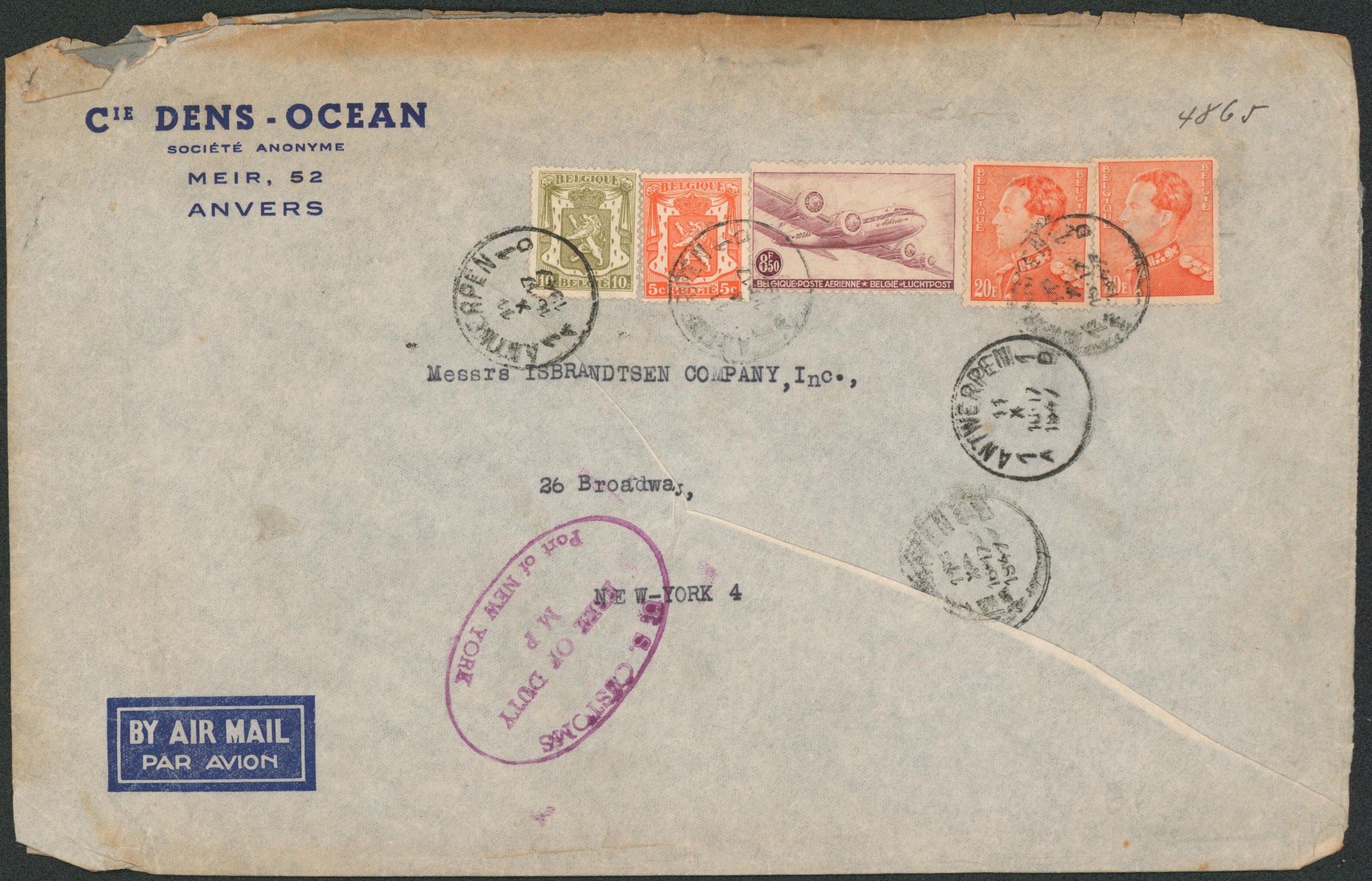 n°419/20, 435x2 et PA9 sur grande enveloppe par avion de Antwerpen > New-York + cachet violet "U.S. customs free of duty""